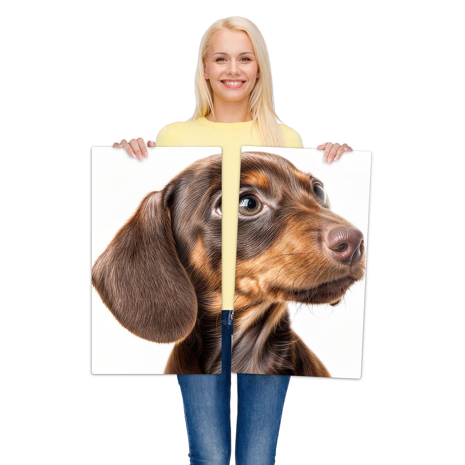 2-teilige Abdeckplatten für Ceranfeld mit Niedlicher Hund-Motiv wird zur Größendarstellung gehalten