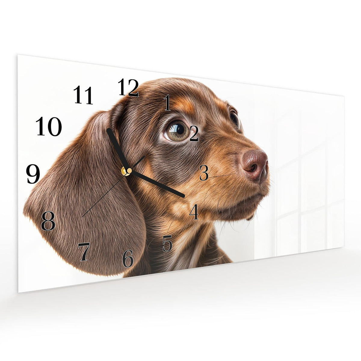 Vormontiert – mit Schwebeeffekt – Wanduhr Niedlicher Hund aus Glas – Querformat 60 × 30 cm