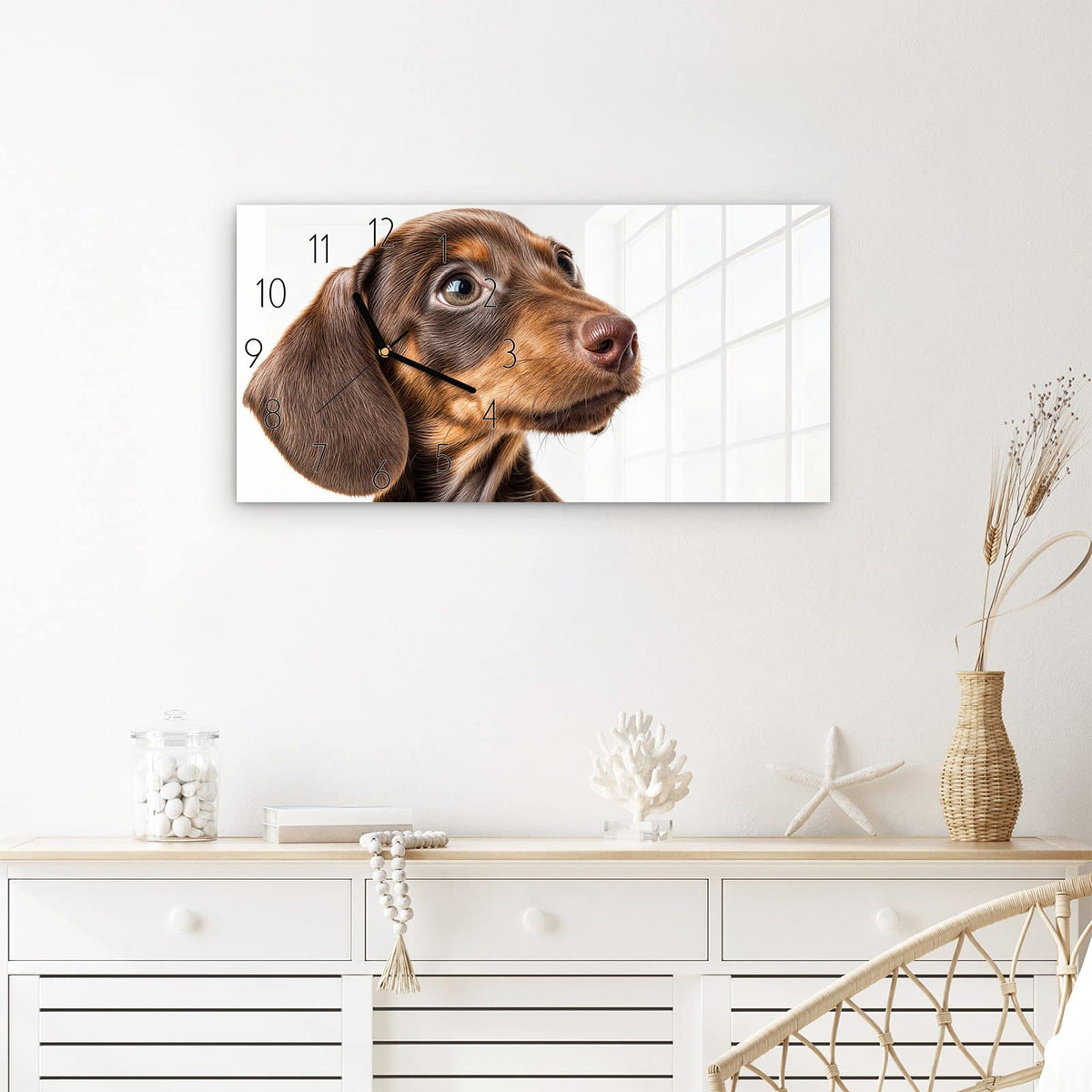 Wanduhr Niedlicher Hund aus Glas – Querformat 60 × 30 cm – Brauner Welpe vor reinem Weiß