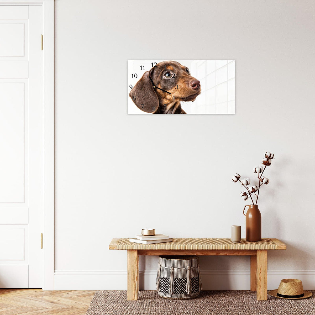 Moderne Wanduhr aus Glas mit Farbtiefe – Wanduhr Niedlicher Hund aus Glas – Querformat 60 × 30 cm