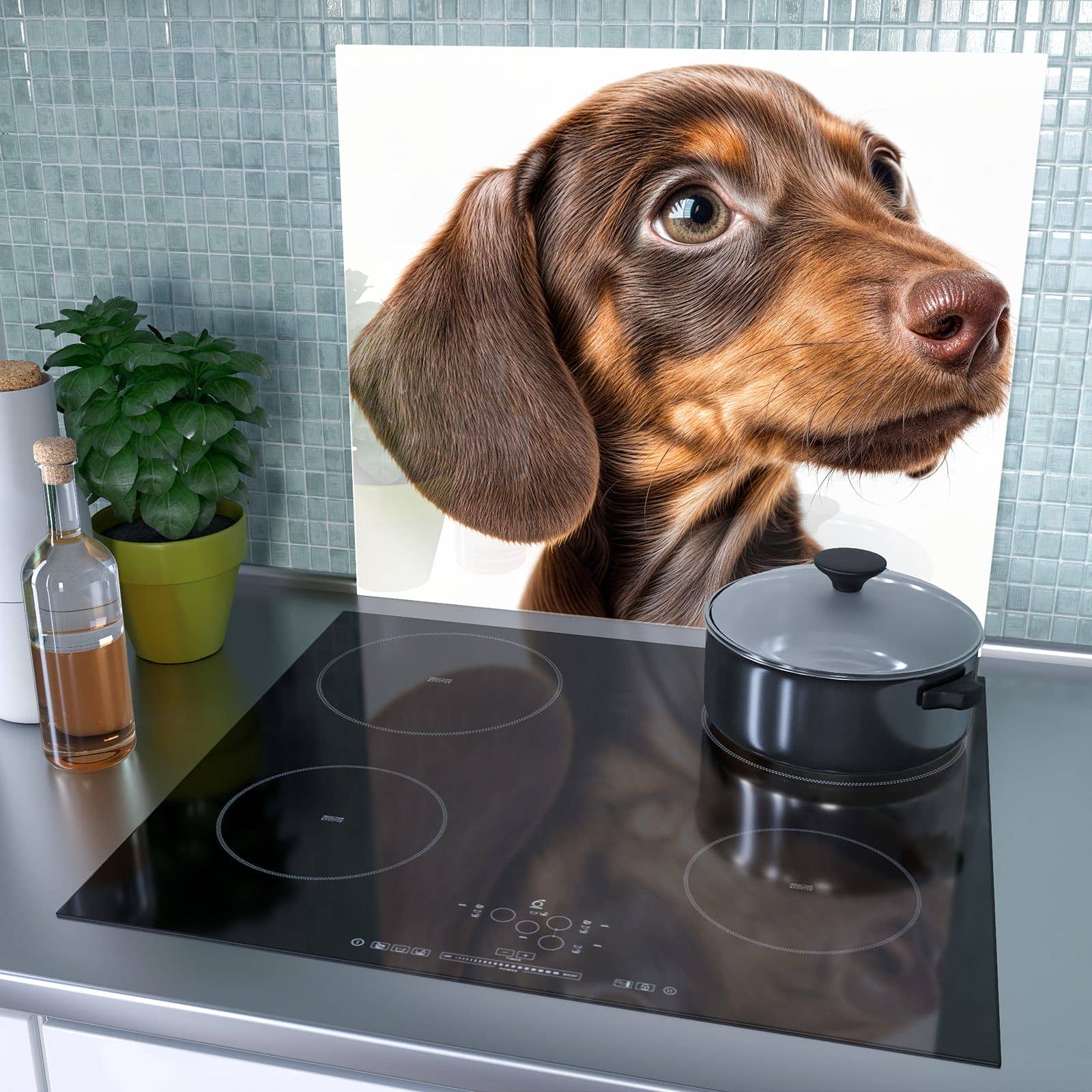1-teilige Herdabdeckung mit Niedlicher Hund-Motiv als Spritzschutz hinter dem Kochfeld