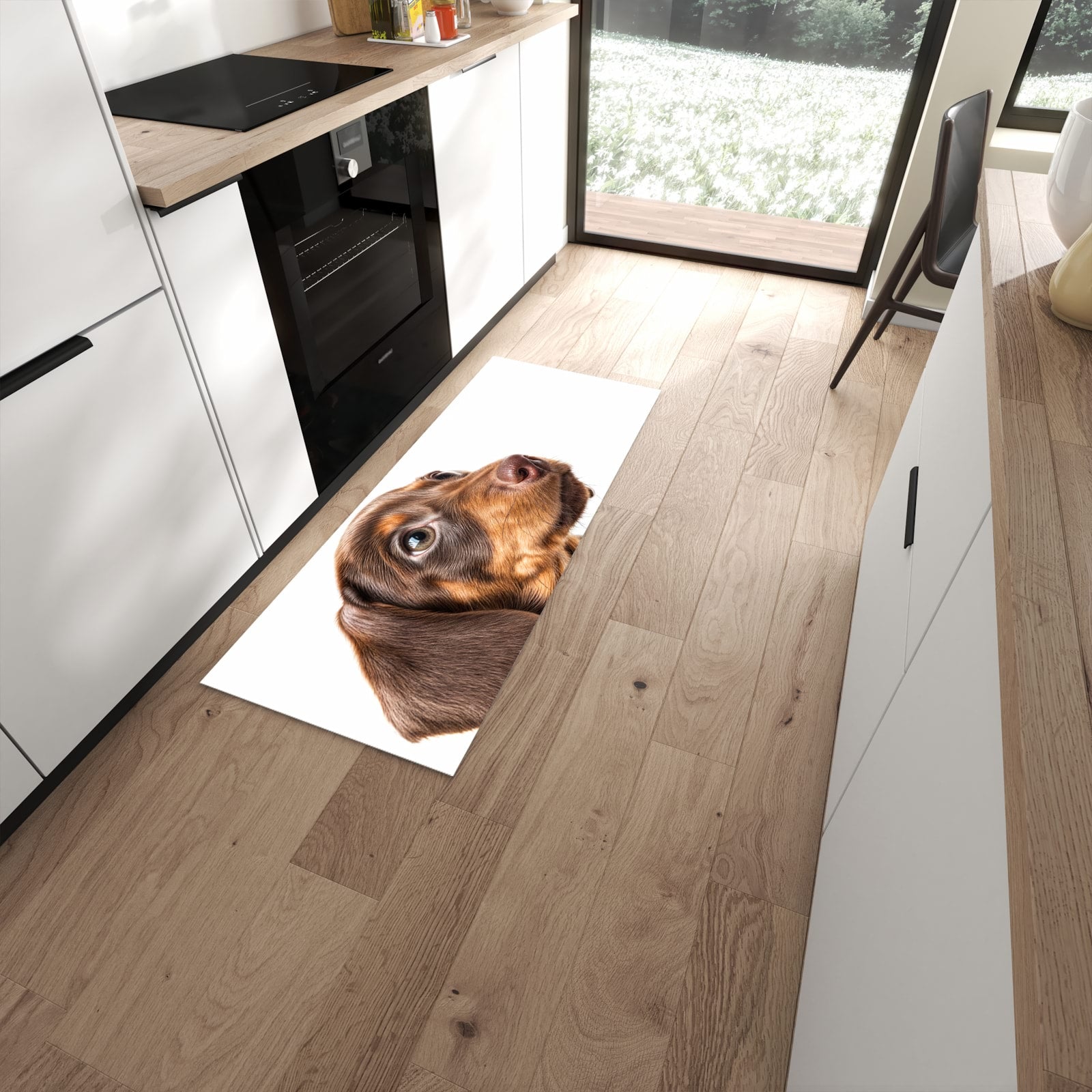 Formstabiler rutschfester Küchenläufer mit Motiv Niedlicher Hund in moderner Küche #grösse_60 x 150 cm