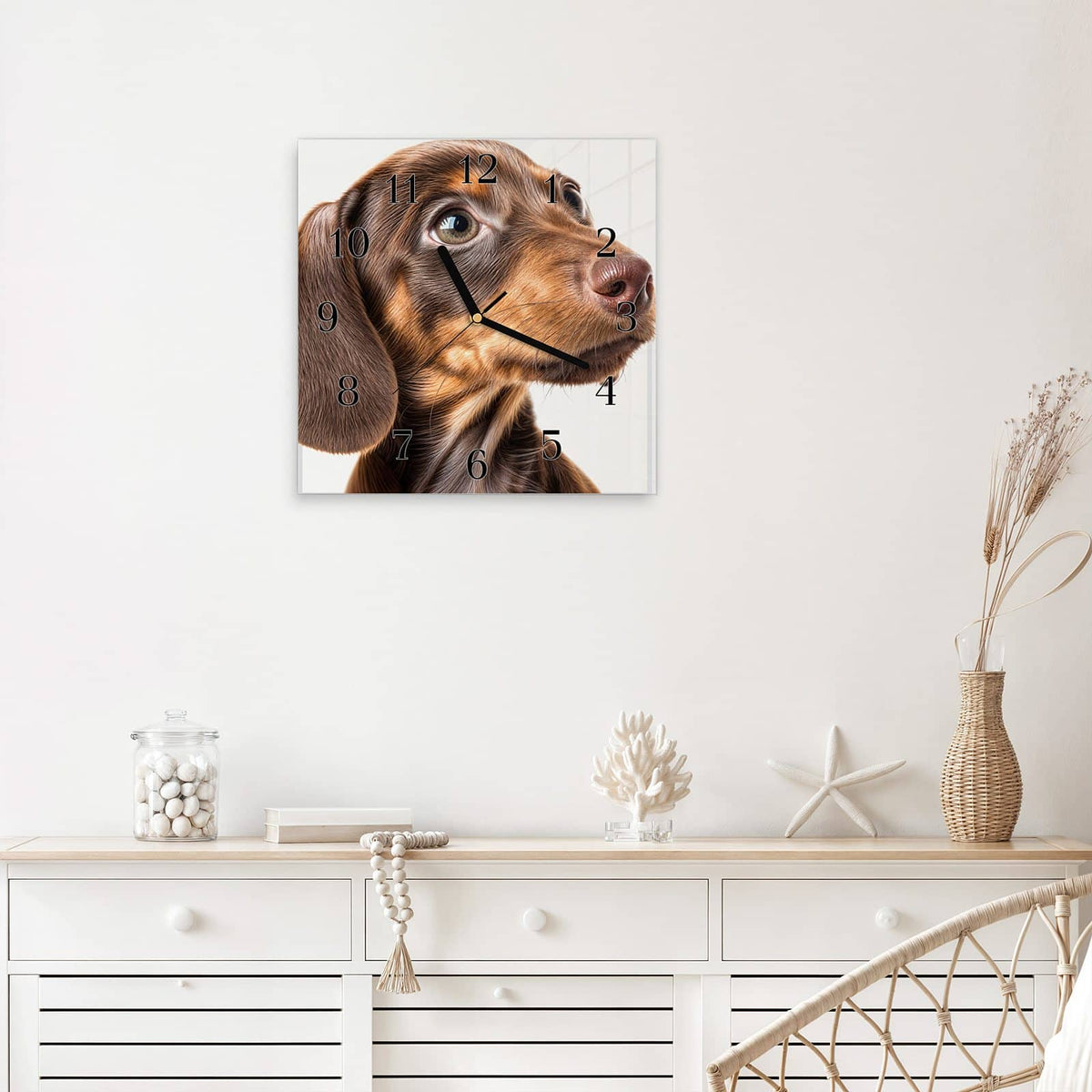 Quadratische Wanduhr aus Glas Dackelwelpe mit Ziffernblatt Klassisch über einem weißen Sideboard