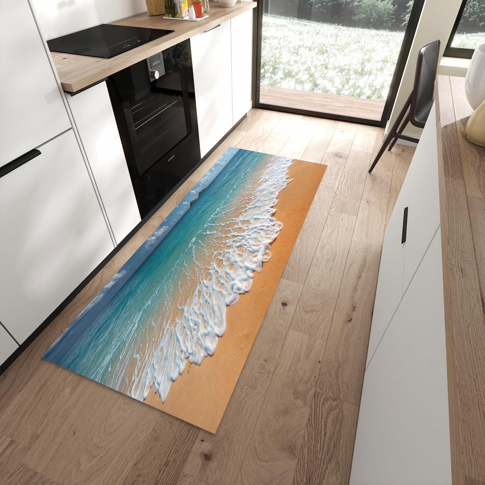 Langlebiger rutschfester Küchenteppich mit Motiv Wellen am Sandstrand in moderner Küche