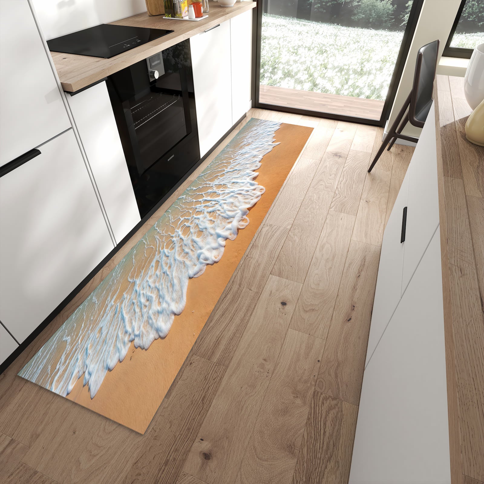 Hygienischer Küchenteppich mit Motiv Wellen am Sandstrand in moderner Küche - leicht waschbar