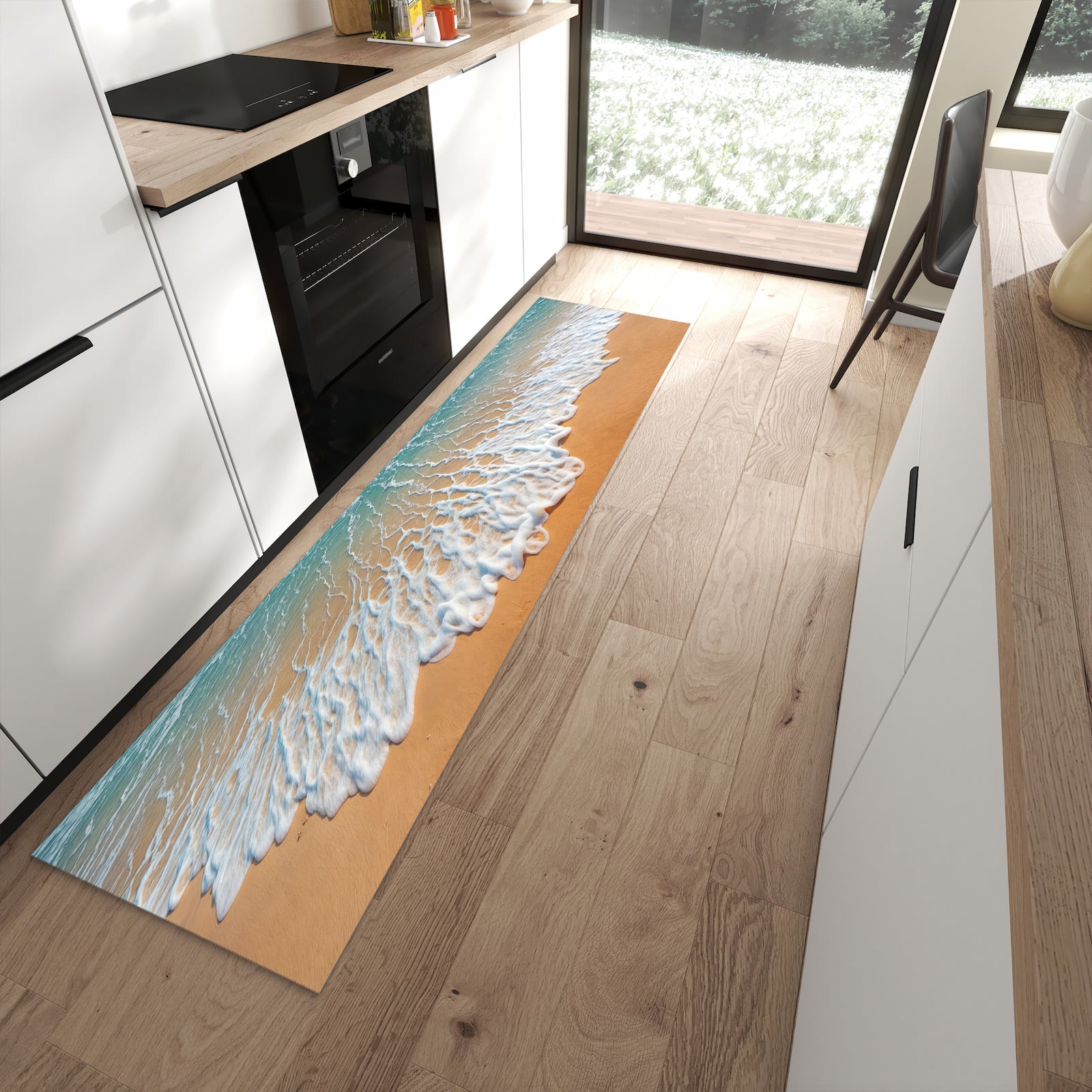 Küchenteppich mit Motiv Wellen am Sandstrand für angenehme Haptik in moderner Küche