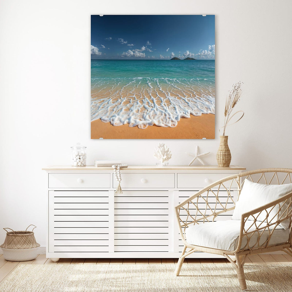 Echtglas, 4 mm – kein Acryl, keine Folie – Wandbild - Brandung vor Inseln - Quadratisch