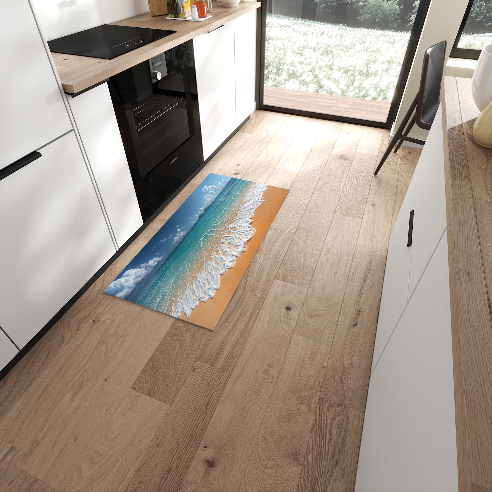 Komfortabler waschbarer Küchenteppich mit Motiv Wellen am Sandstrand in moderner Küche #grösse_60 x 120 cm