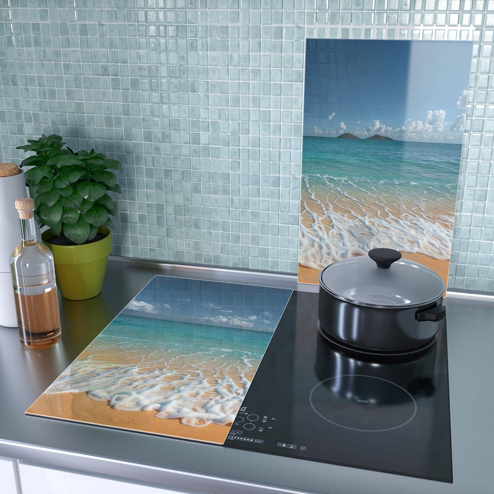 2-teilige Herdabdeckplatten mit Wellen am Sandstrand-Motiv als Spritzschutz hinter dem Kochfeld