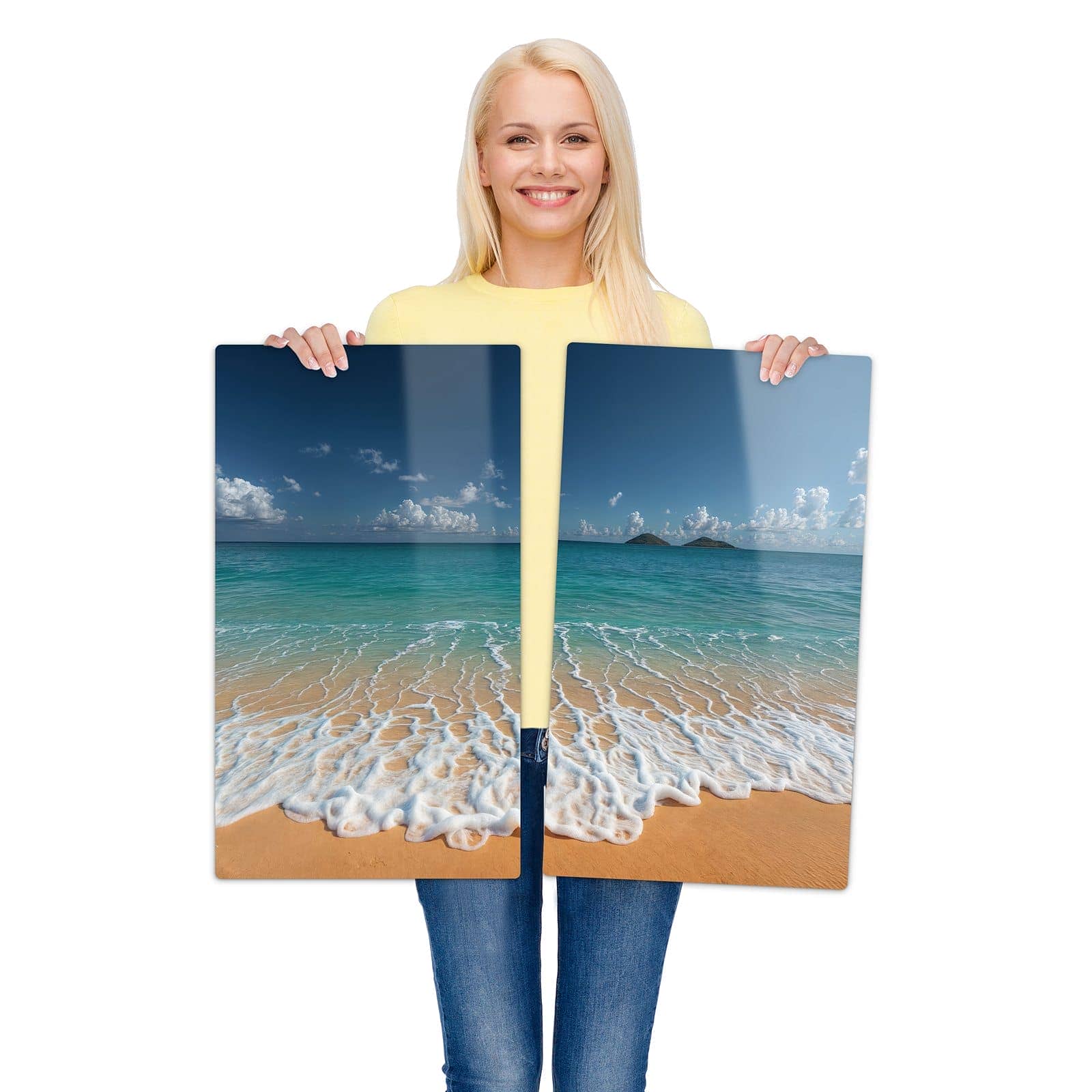 2-teilige Ceranfeldabdeckungen mit Wellen am Sandstrand-Motiv werden zur Größendarstellung gehalten