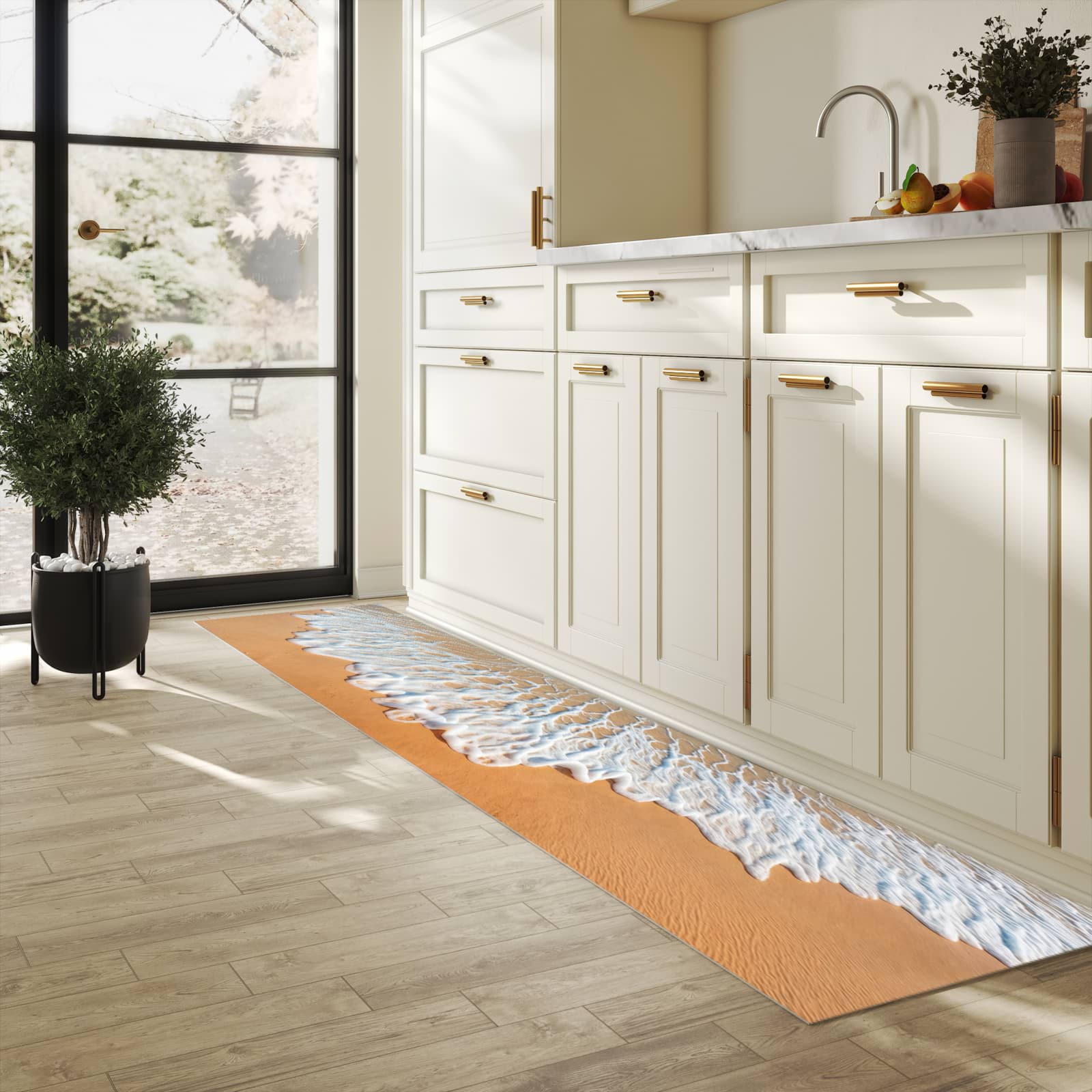 Farbbeständiger waschbarer Küchenteppich mit Motiv Wellen am Sandstrand in heller Küche