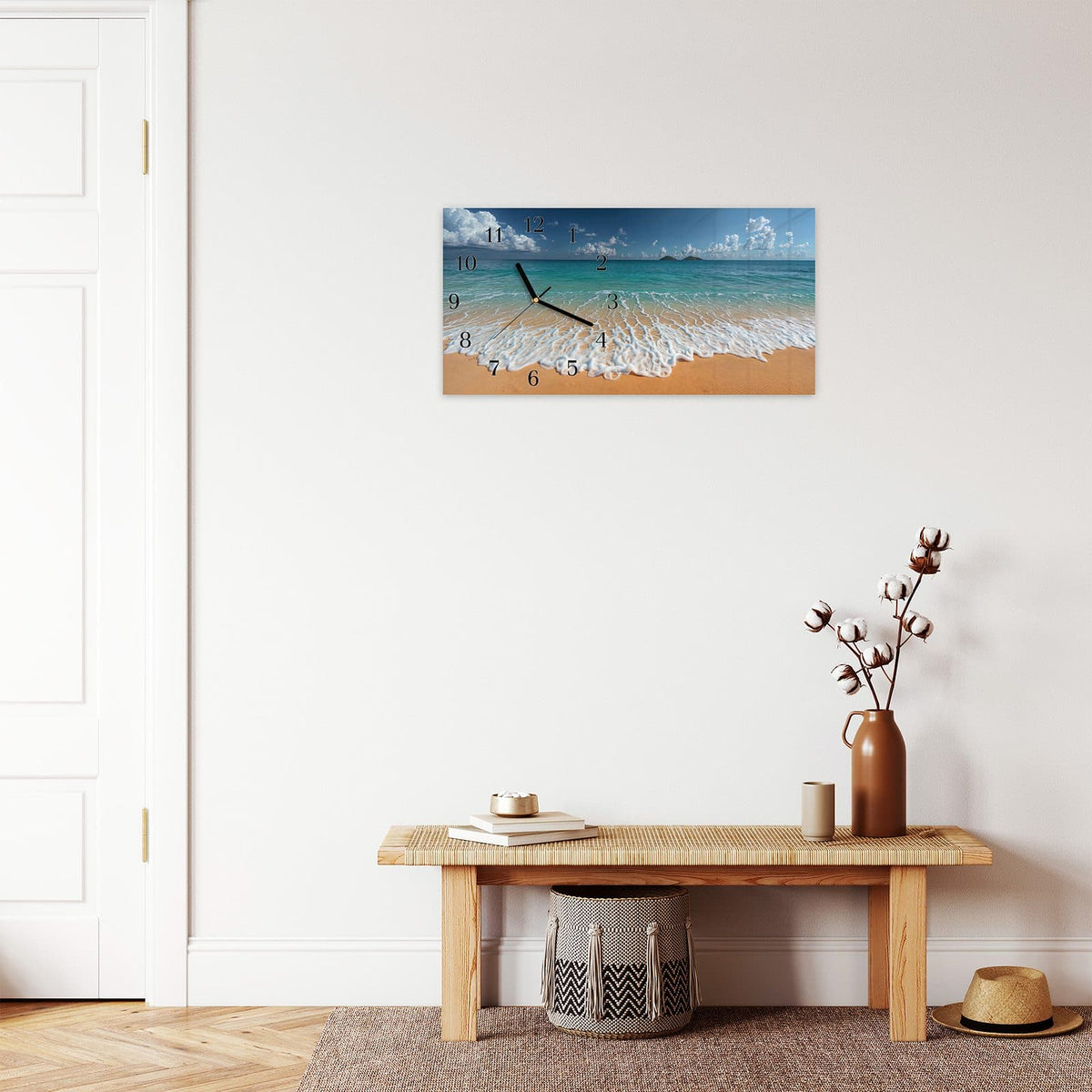Moderne Wanduhr aus Glas mit Farbtiefe – Wanduhr Wellen am Sandstrand aus Glas – Querformat 60 × 30 cm