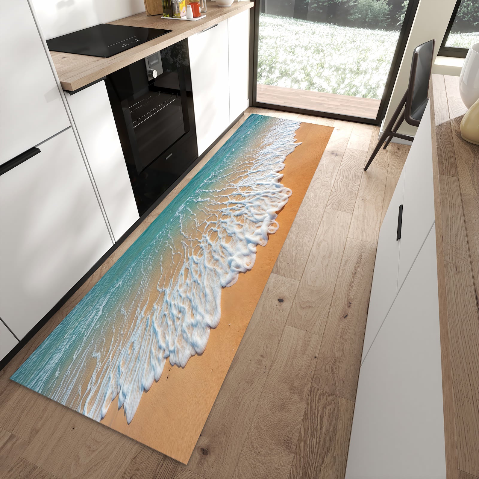 Feuchtigkeitsresistenter Küchenläufer mit Motiv Wellen am Sandstrand in moderner Küche