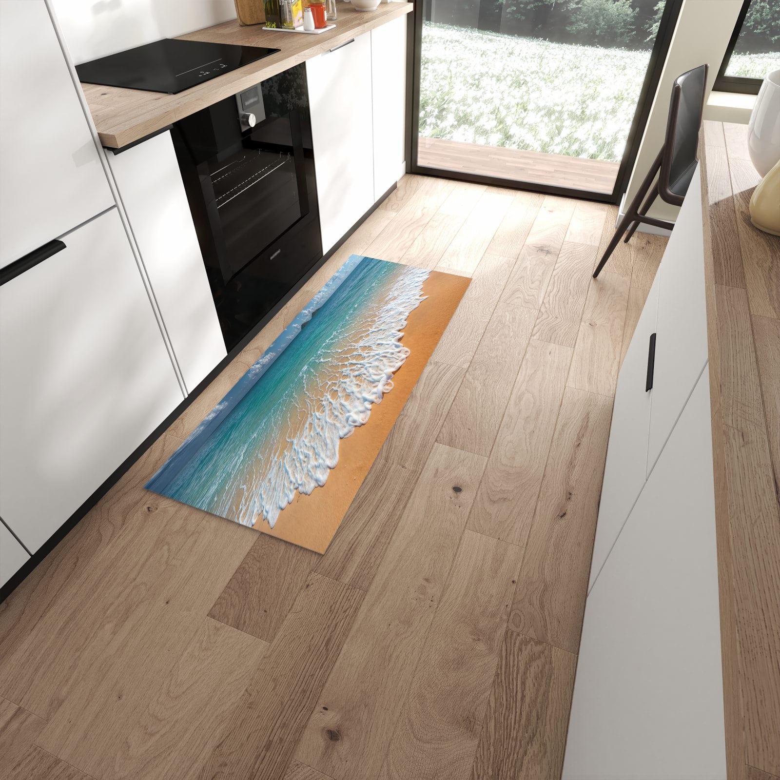 Rutschfester Küchenläufer mit Motiv Wellen am Sandstrand in moderner Küche #grösse_60 x 150 cm