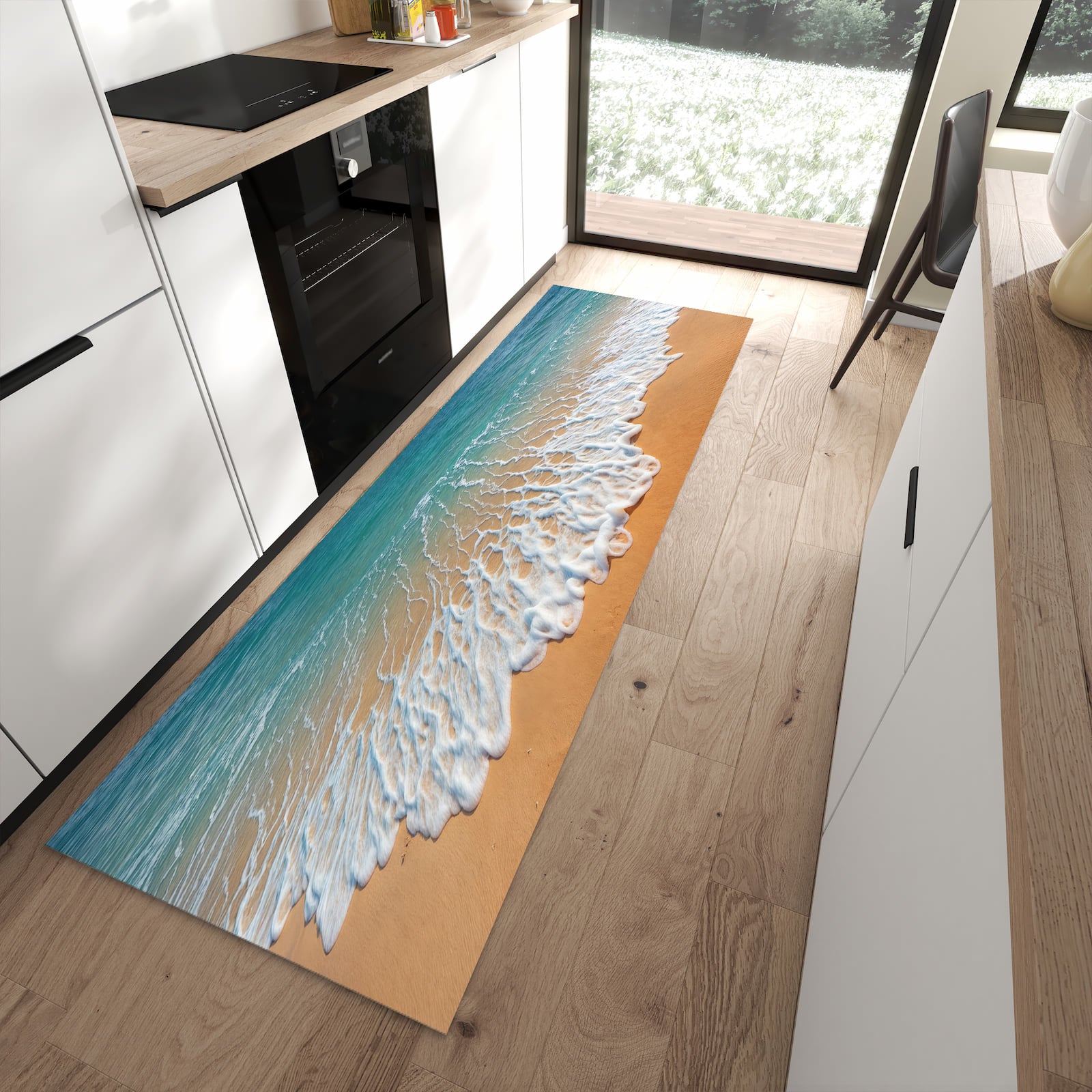 Rutschfester Küchenteppich mit Motiv Wellen am Sandstrand in moderner Küche
