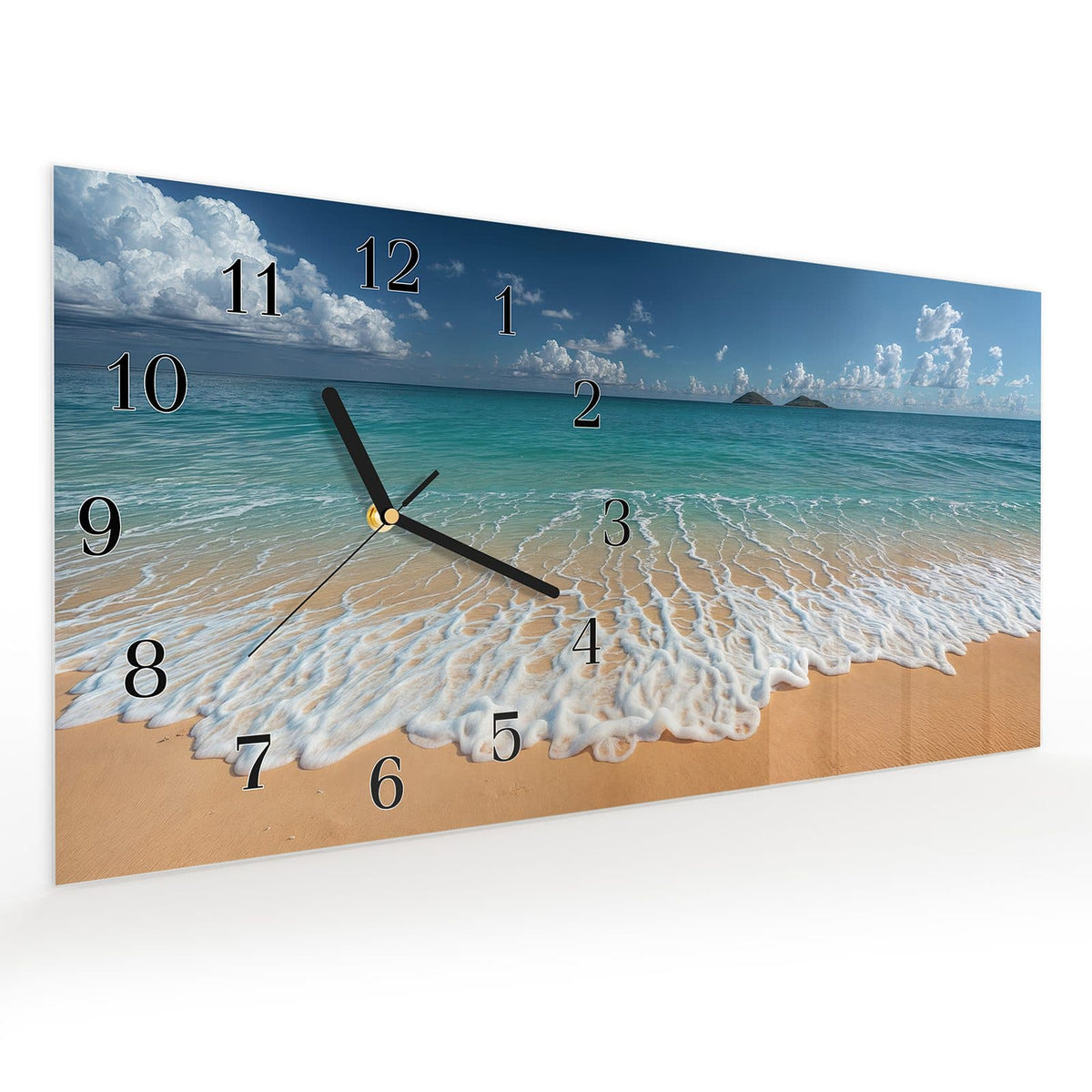Vormontiert – mit Schwebeeffekt – Wanduhr Wellen am Sandstrand aus Glas – Querformat 60 × 30 cm