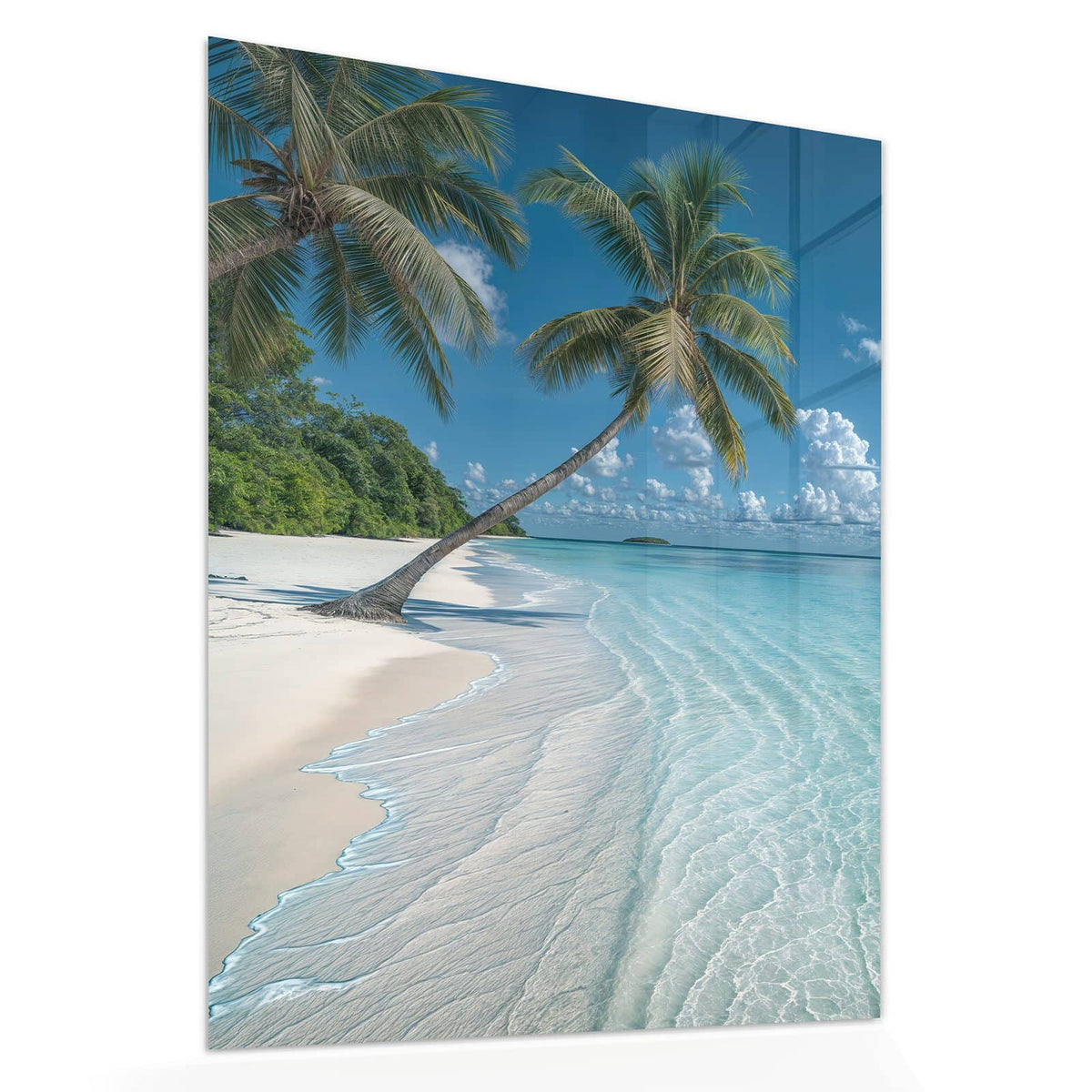 Echtglas, 4 mm – kein Acryl, keine Folie – Wandbild - Zwei Palmen am Meer - Hochformat