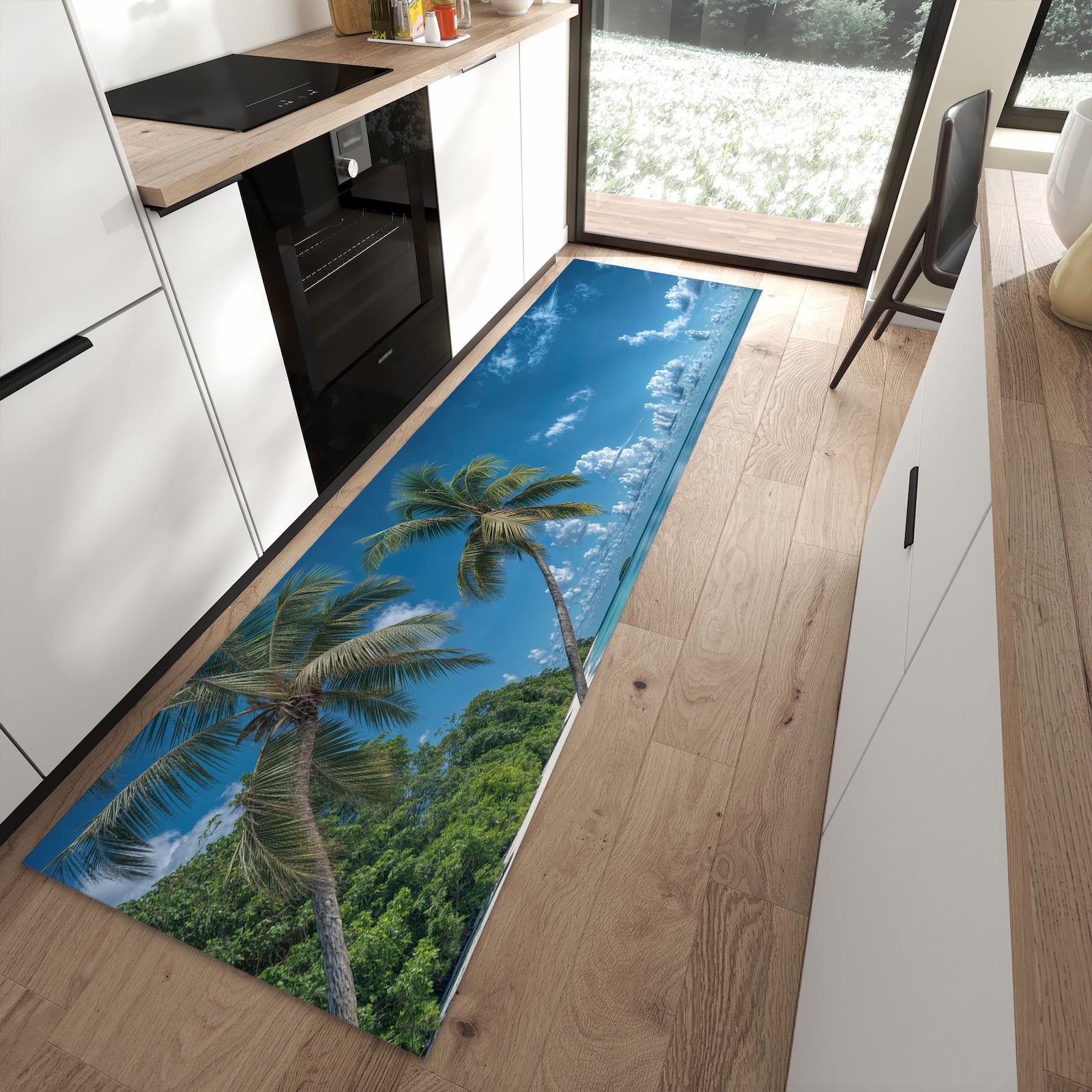 Geruchsneutraler rutschfester Küchenteppich mit Motiv Strandurlaub in moderner Küche