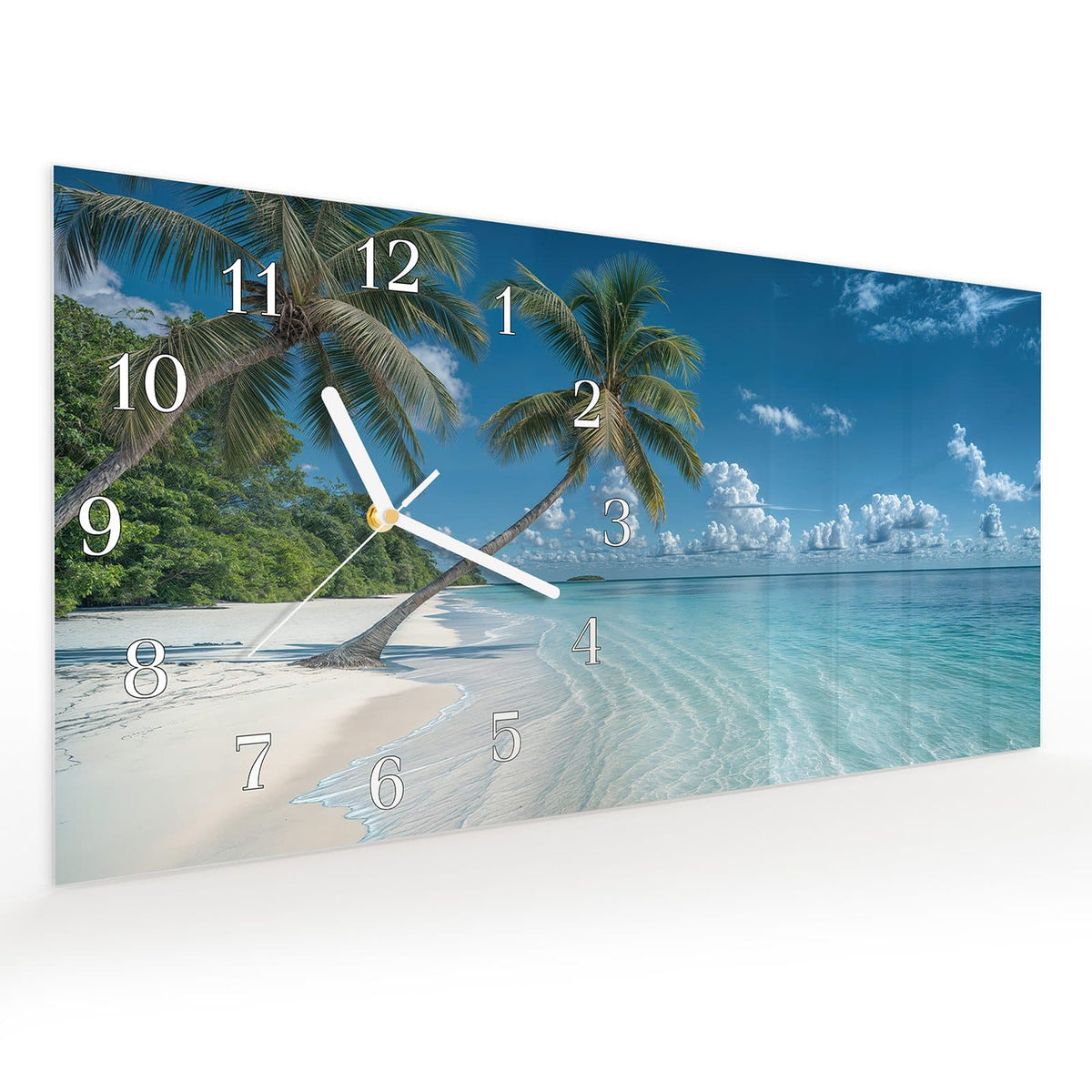 Vormontiert – mit Schwebeeffekt – Wanduhr Strandurlaub aus Glas – Querformat 60 × 30 cm