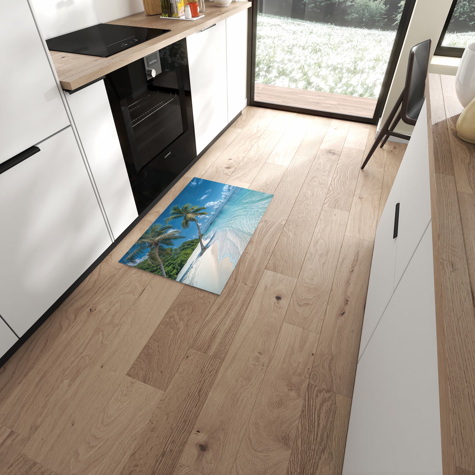Waschbarer dünner Küchenteppich mit Motiv Strandurlaub in moderner Küche