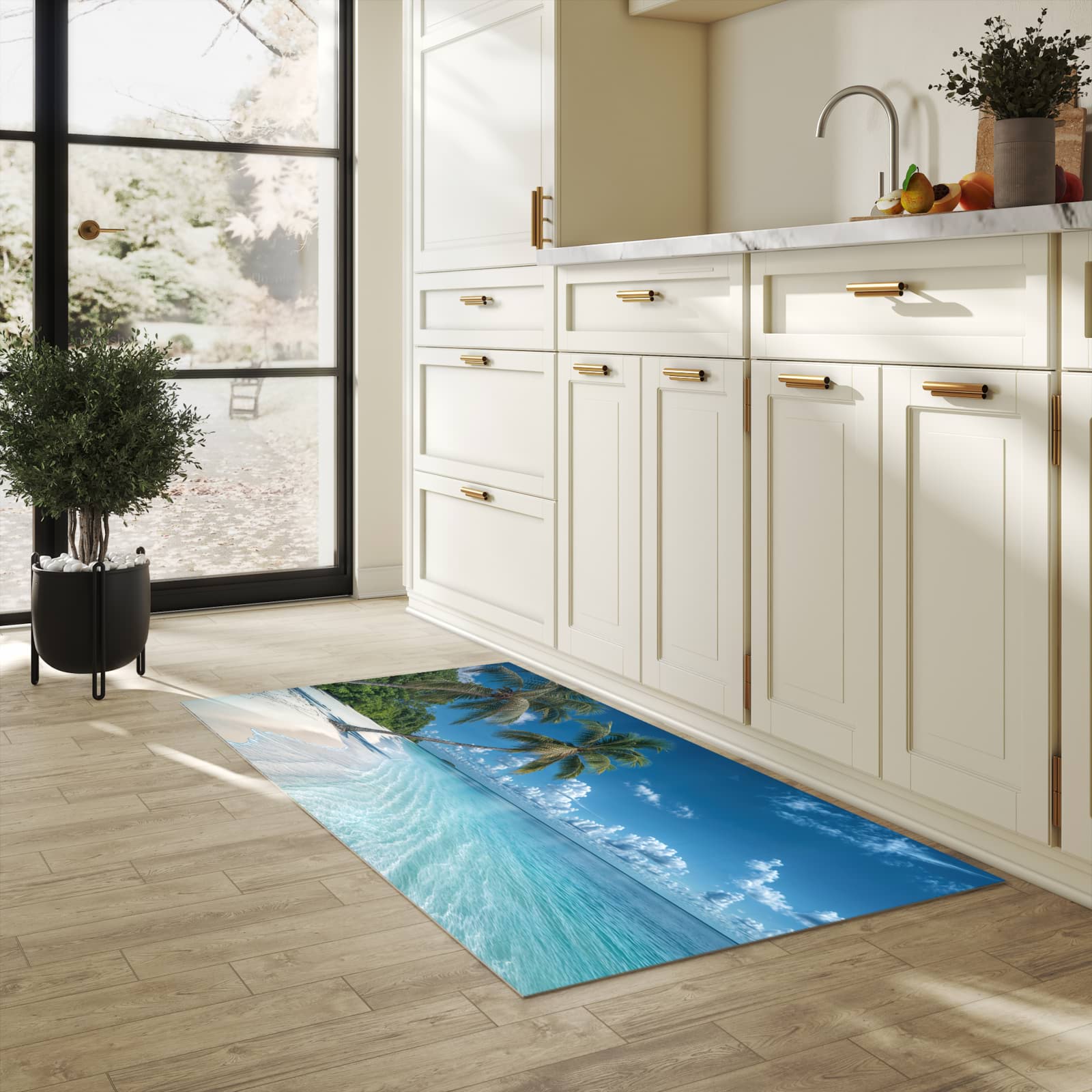 Waschbarer Bodenläufer Teppich mit Motiv Strandurlaub in heller Küche