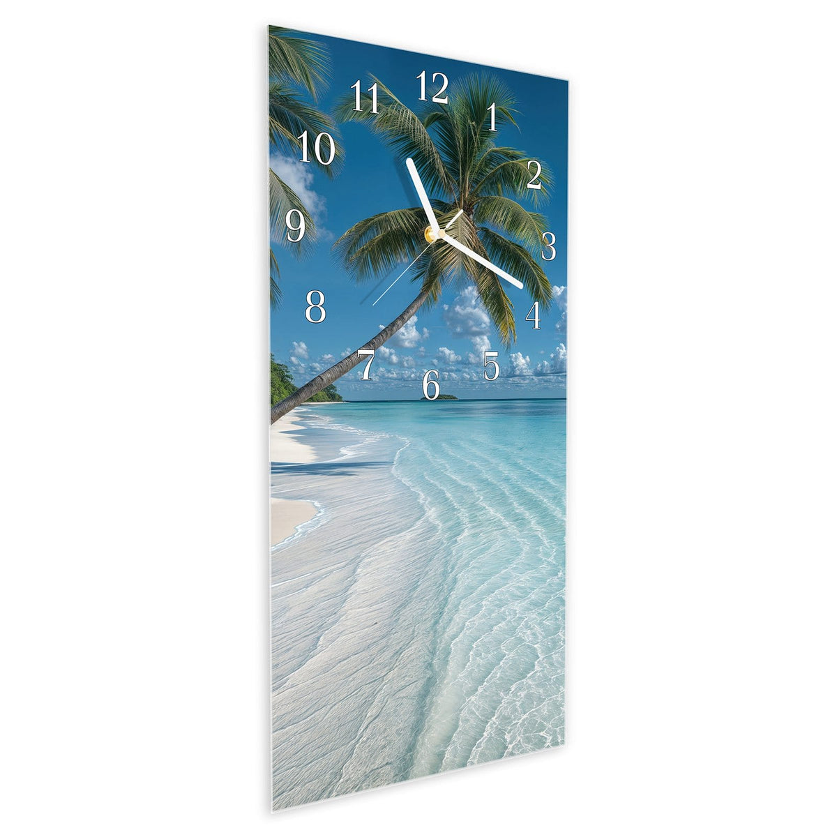 Vormontiert – mit Schwebeeffekt – Wanduhr Strandurlaub aus Glas – Hochformat 30 × 60 cm