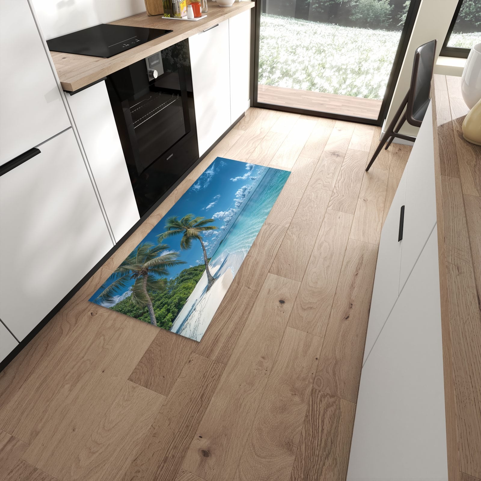 Zeitsparender langer Teppich mit Motiv Strandurlaub in moderner Küche #grösse_60 x 150 cm