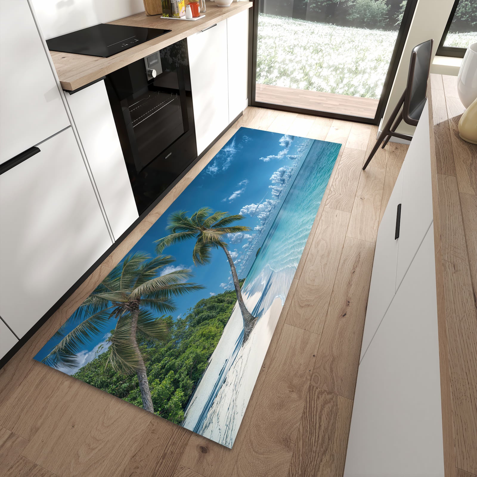 Pflegeleichter Küchenteppich mit Motiv Strandurlaub in moderner Küche