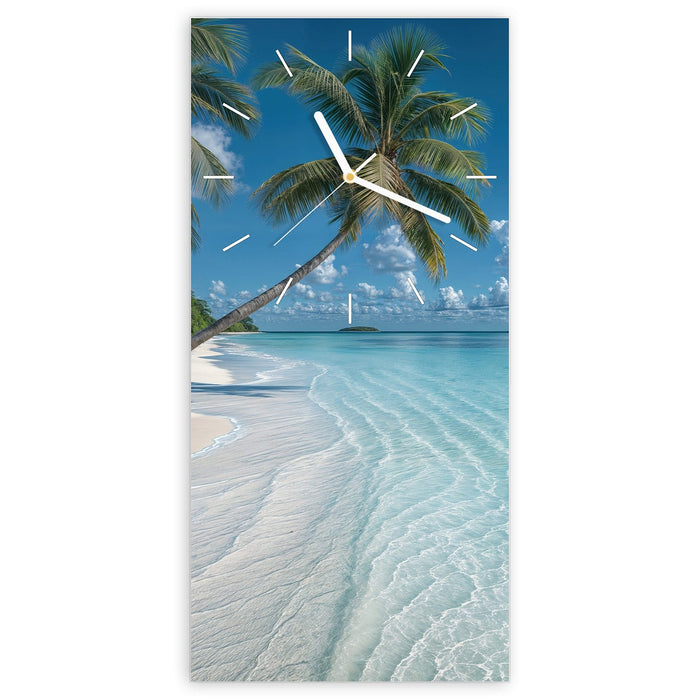 Wanduhr Strandurlaub aus Glas – Hochformat 30 × 60 cm mit Ziffernblatt Linie