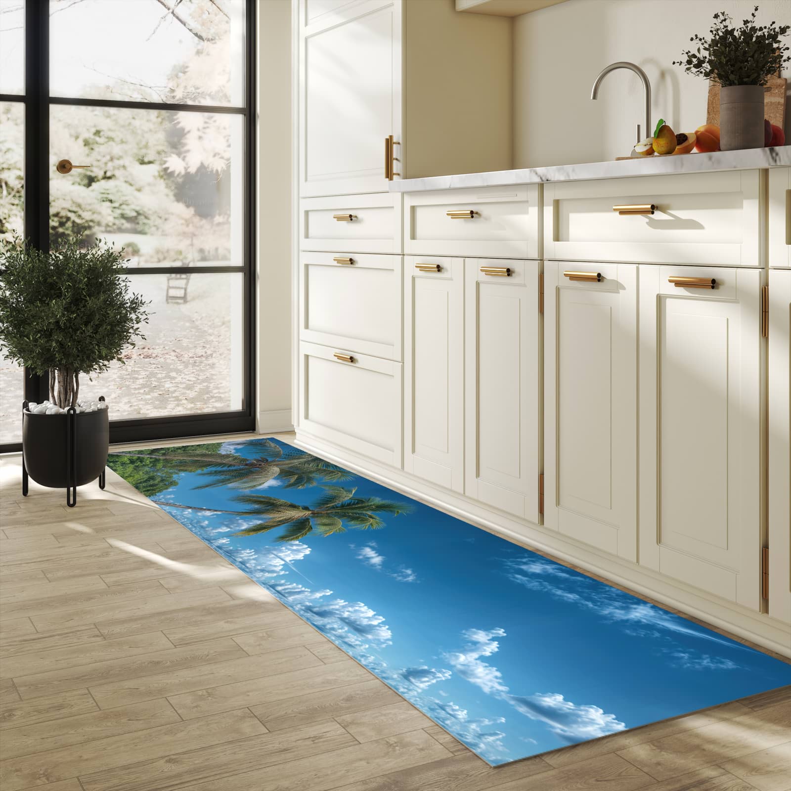 Strapazierfähiger Bodenläufer mit Motiv Strandurlaub in heller Küche