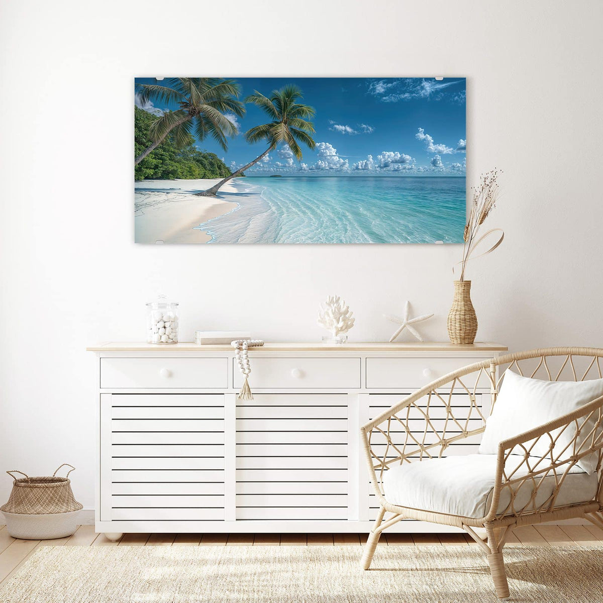 Echtglas, 4 mm – kein Acryl, keine Folie – Wandbild - Zwei Palmen am Meer - Querformat