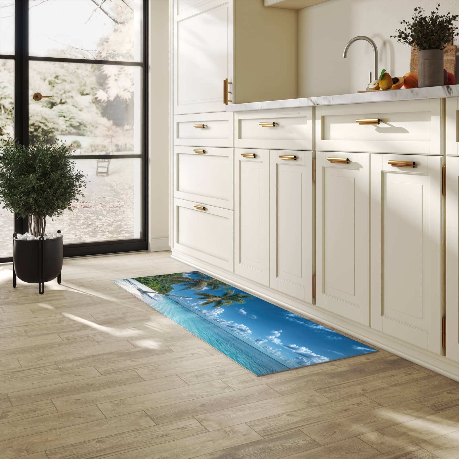 Langlebiger Läufer mit Motiv Strandurlaub für Eingangsbereich in heller Küche