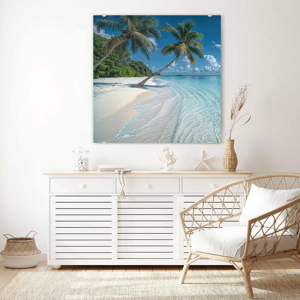 Echtglas, 4 mm – kein Acryl, keine Folie – Wandbild - Zwei Palmen am Meer - Quadratisch
