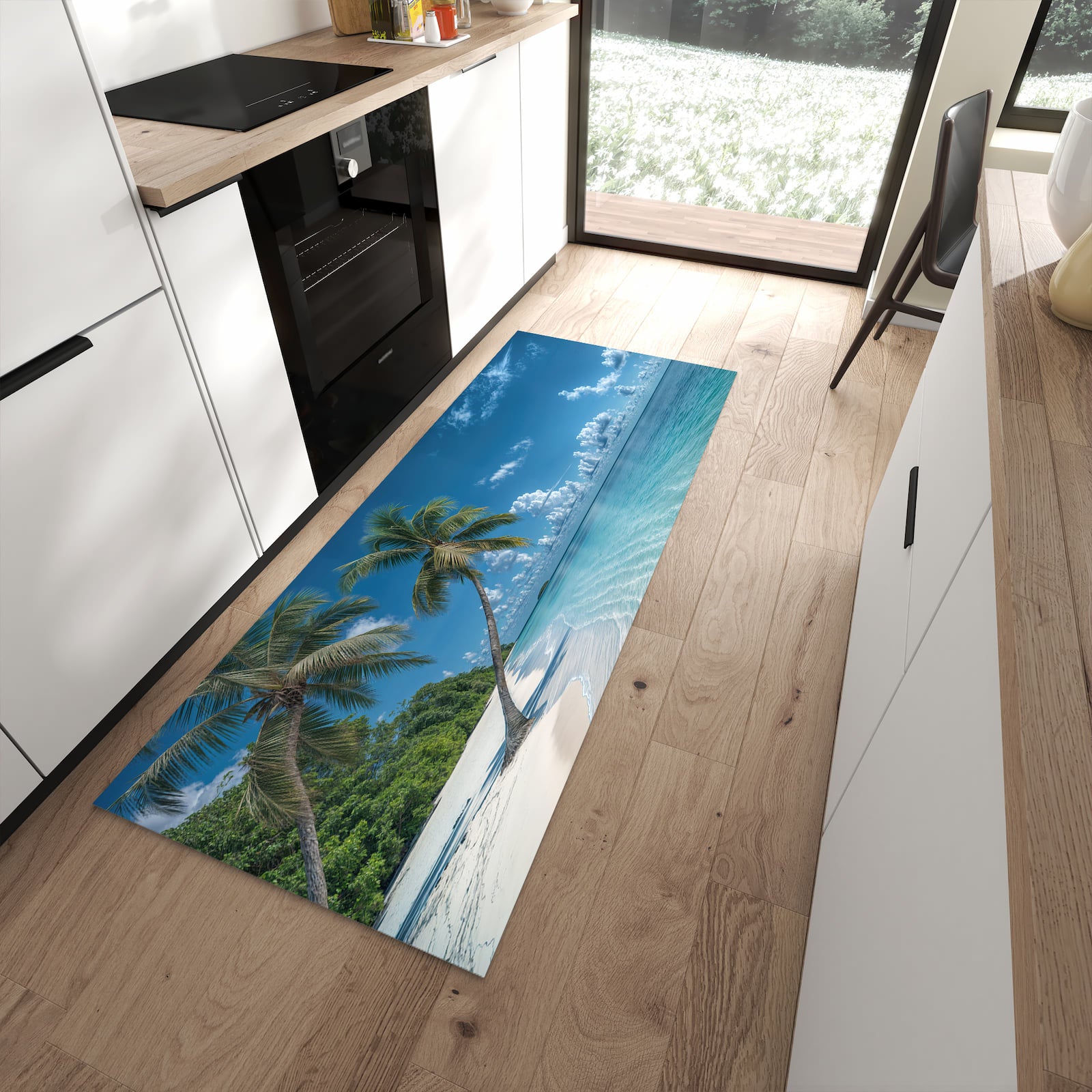 Fleckenresistenter waschbarer Teppich mit Motiv Strandurlaub in moderner Küche