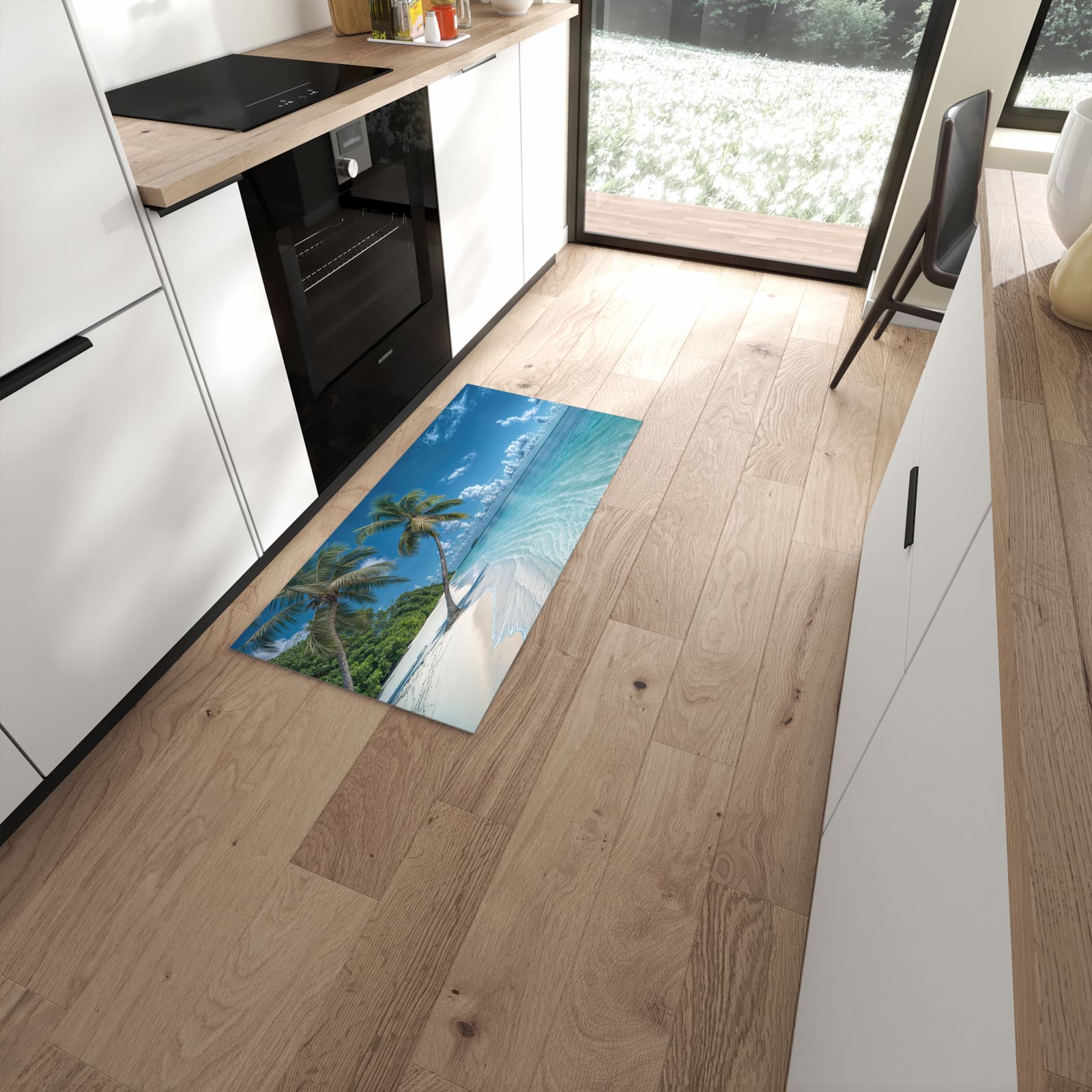 Waschbarer Küchenläufer mit Motiv Strandurlaub in moderner Küche für sichere Aufbewahrung #grösse_60 x 120 cm