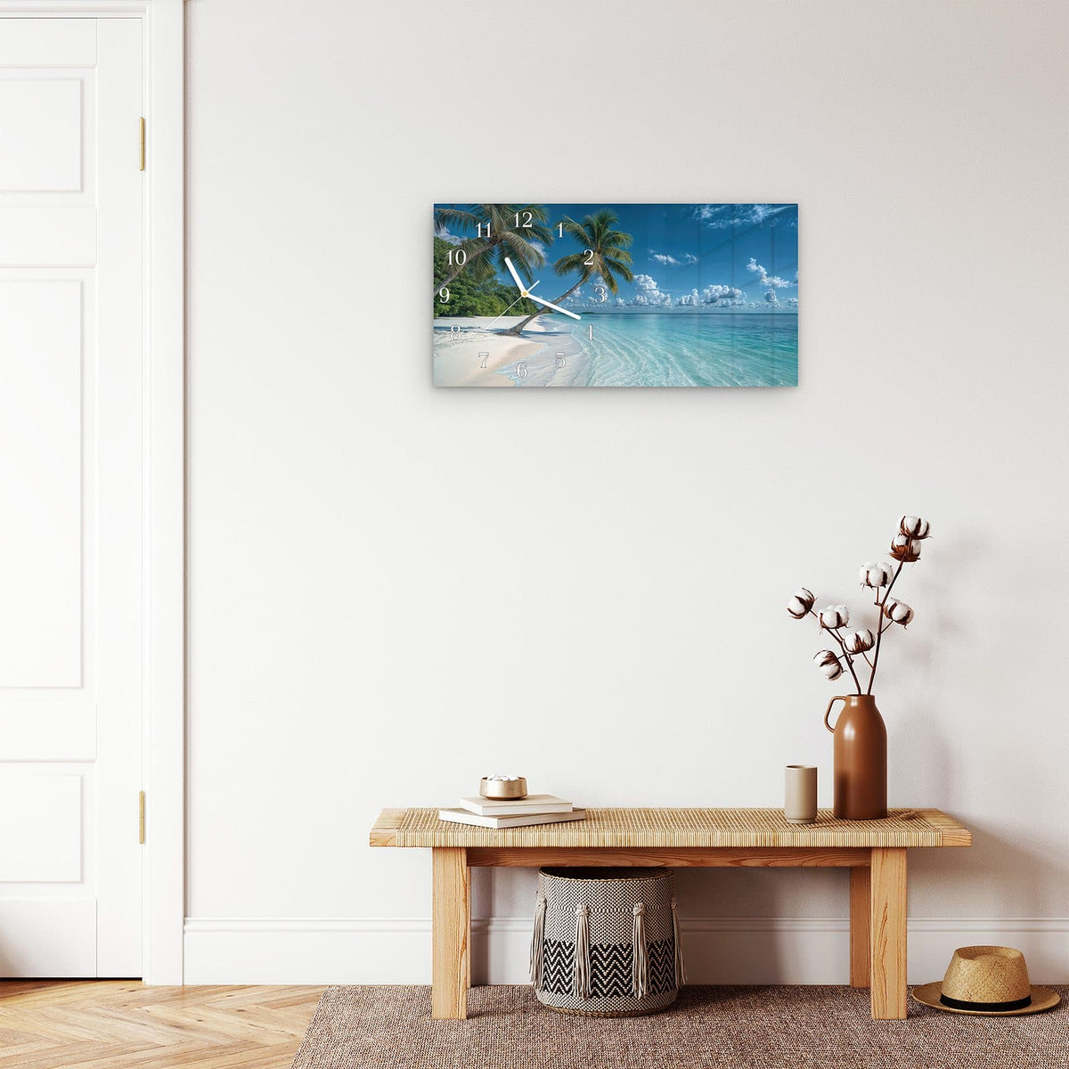 Moderne Wanduhr aus Glas mit Farbtiefe – Wanduhr Strandurlaub aus Glas – Querformat 60 × 30 cm