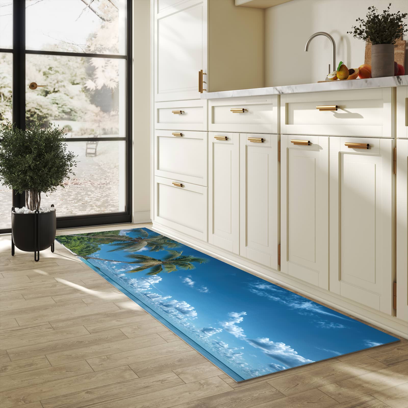 Hygienischer rutschfester Küchenteppich mit Motiv Strandurlaub in heller Küche