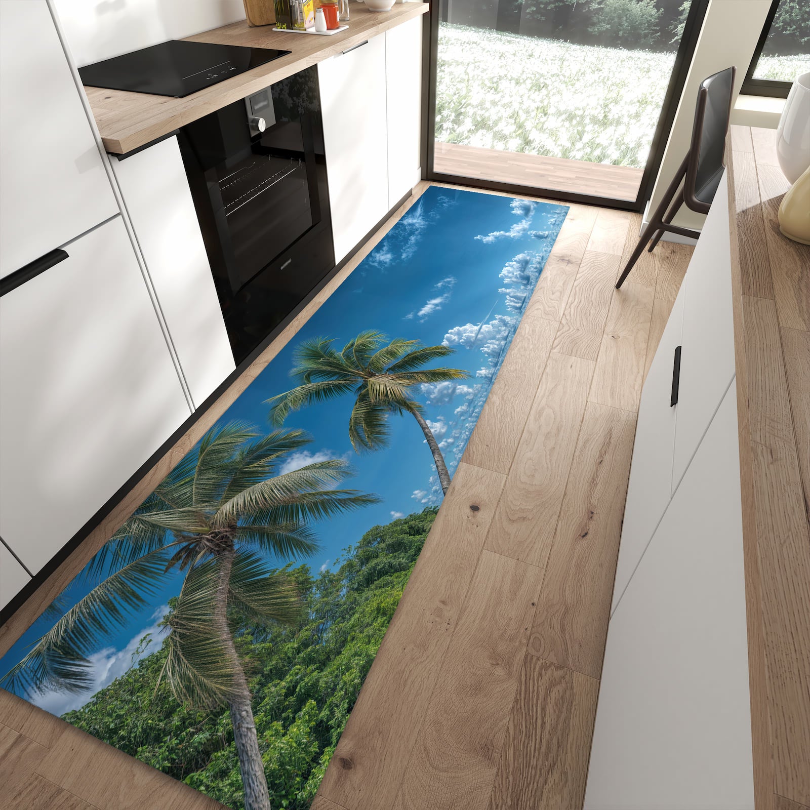 Langlebiger Bodenläufer mit Motiv Strandurlaub in moderner Küche