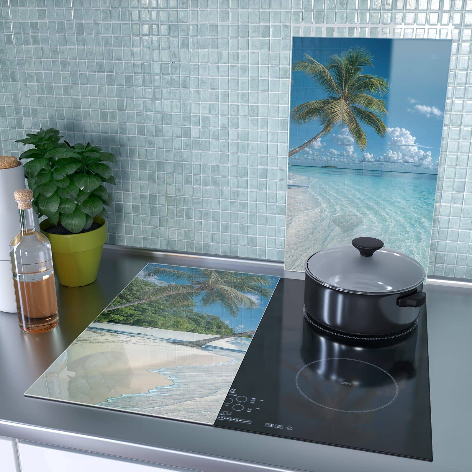 2-teilige Abdeckplatten für den Herd mit Strandurlaub-Motiv als Spritzschutz hinter dem Kochfeld