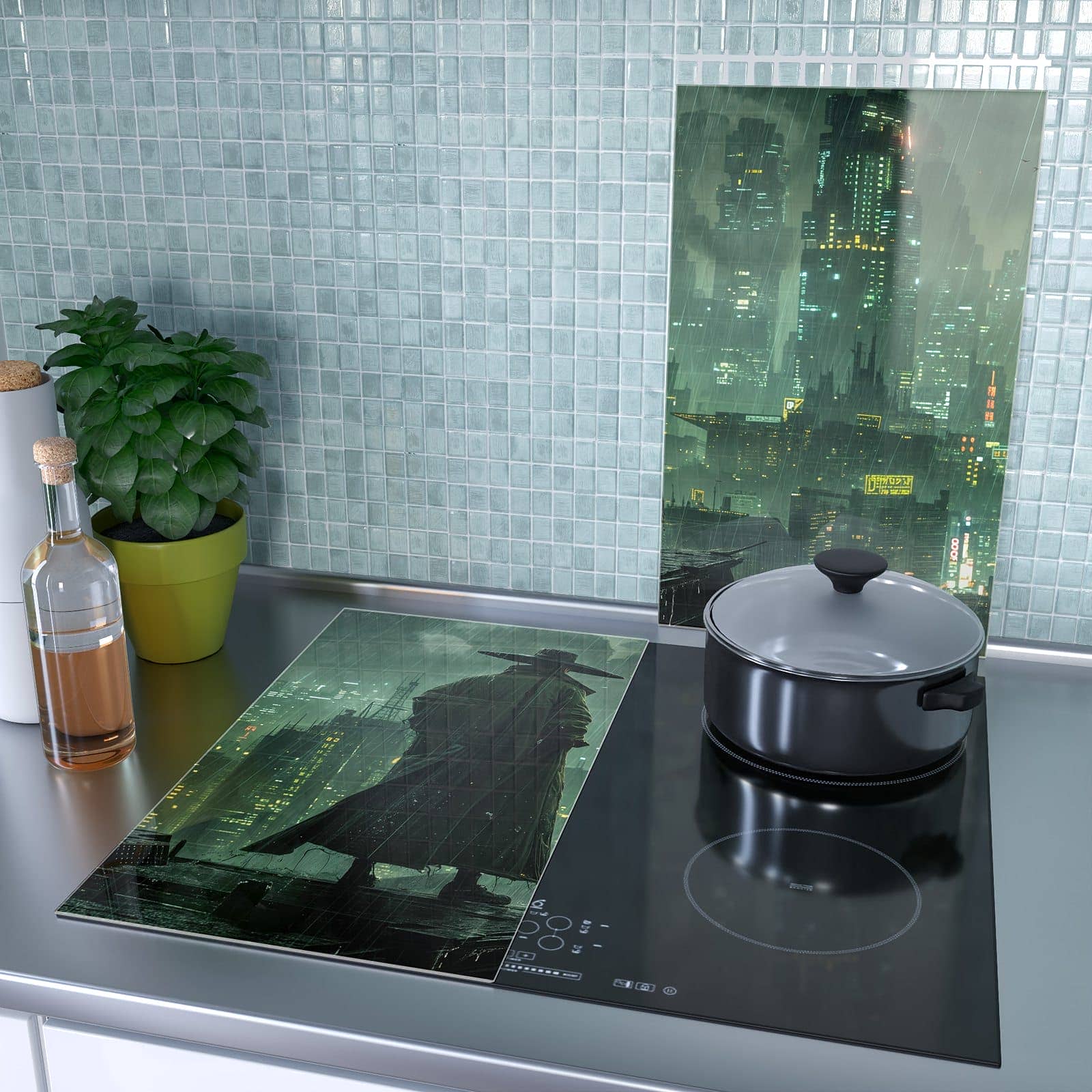 2-teilige Herdabdeckplatten für Ceranfeld mit Stadt in Regen-Motiv als Spritzschutz hinter dem Kochfeld