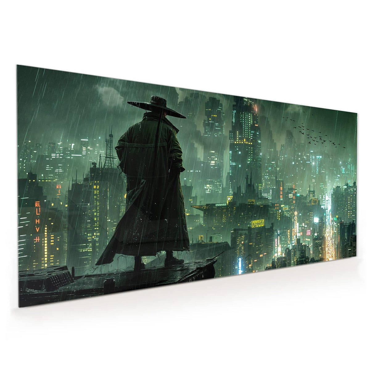 Küchenrückwand aus Glas im Hochformat: Mann mit breitem Hut und langem Mantel steht im Regen auf einer Dachkante über einer grün beleuchteten Stadt