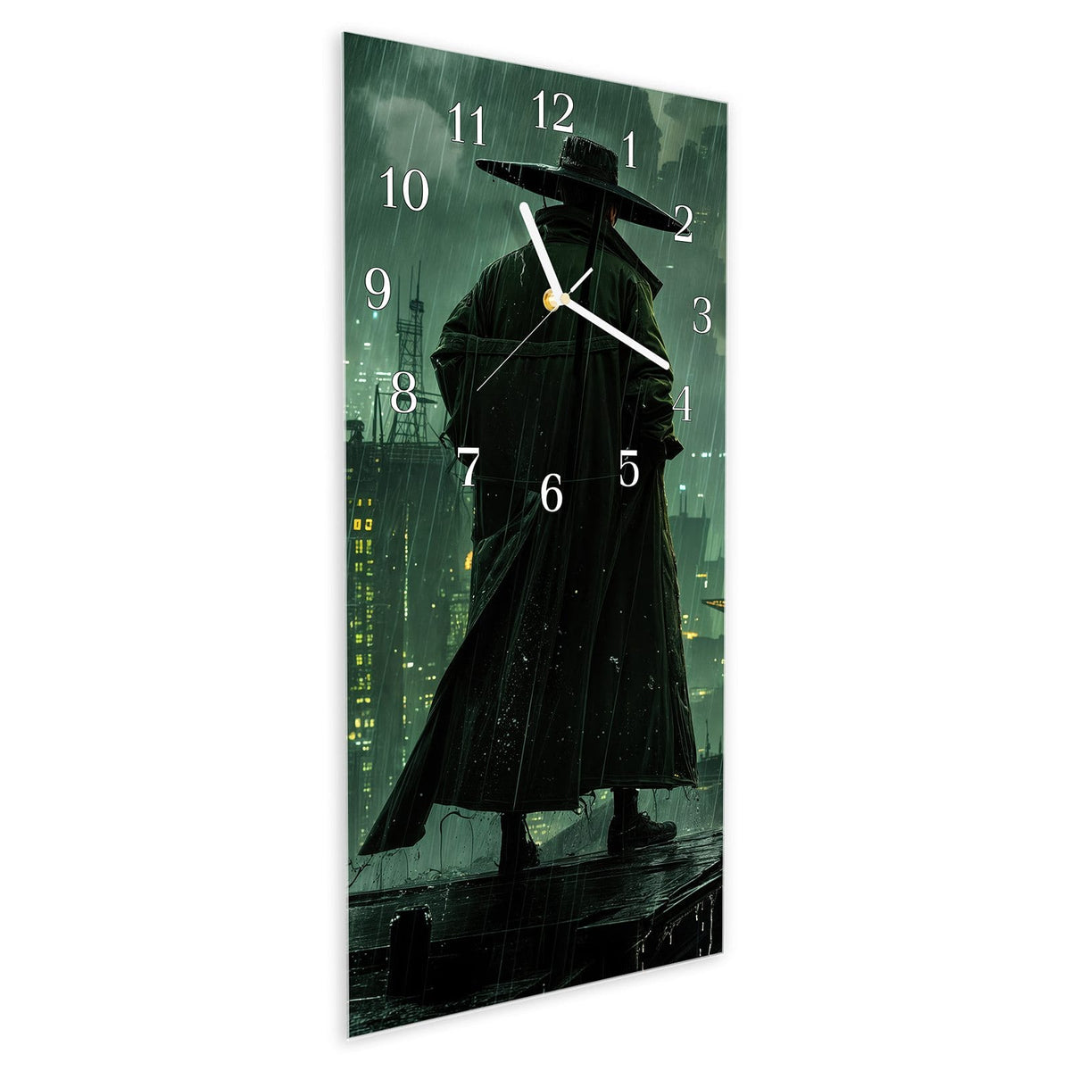 Vormontiert – mit Schwebeeffekt – Wanduhr Stadt in Regen aus Glas – Hochformat 30 × 60 cm