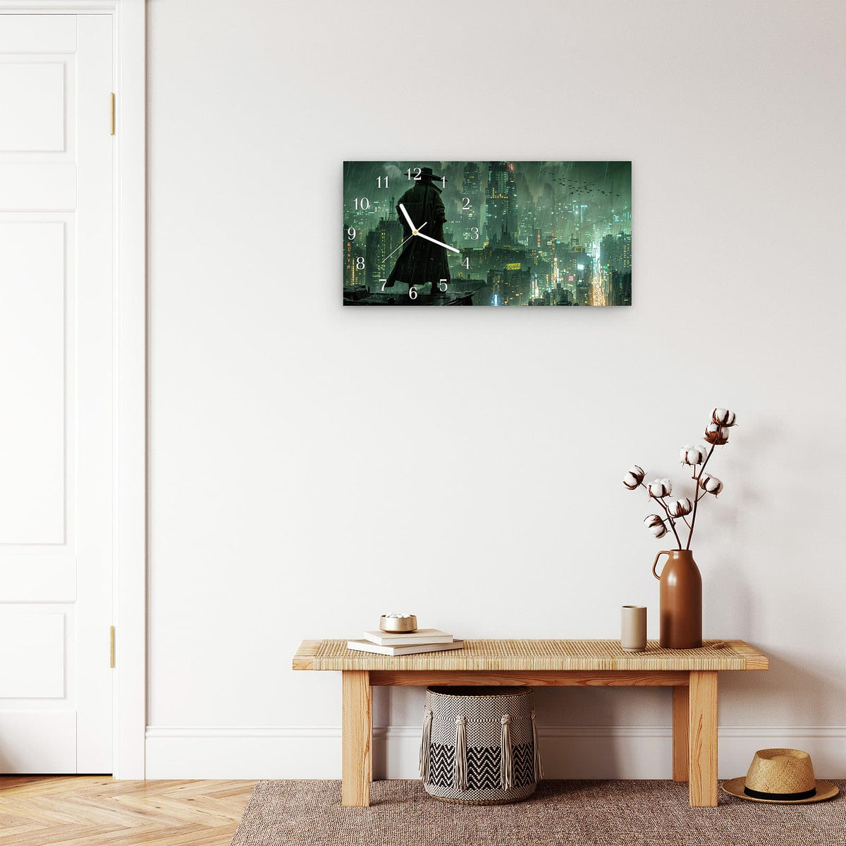 Moderne Wanduhr aus Glas mit Farbtiefe – Wanduhr Stadt in Regen aus Glas – Querformat 60 × 30 cm