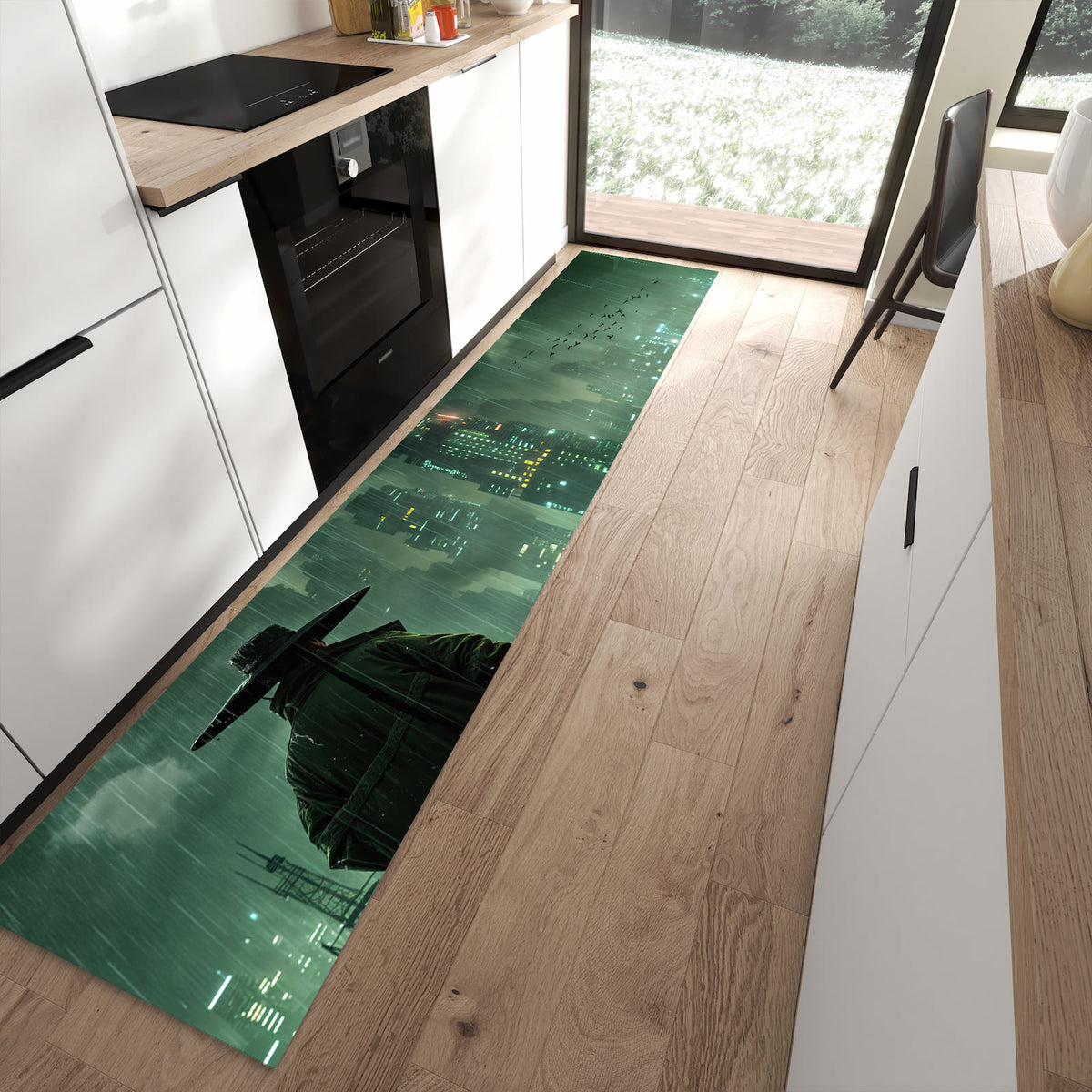 Langlebiger Küchenläufer mit Motiv Stadt in Regen in moderner Küche