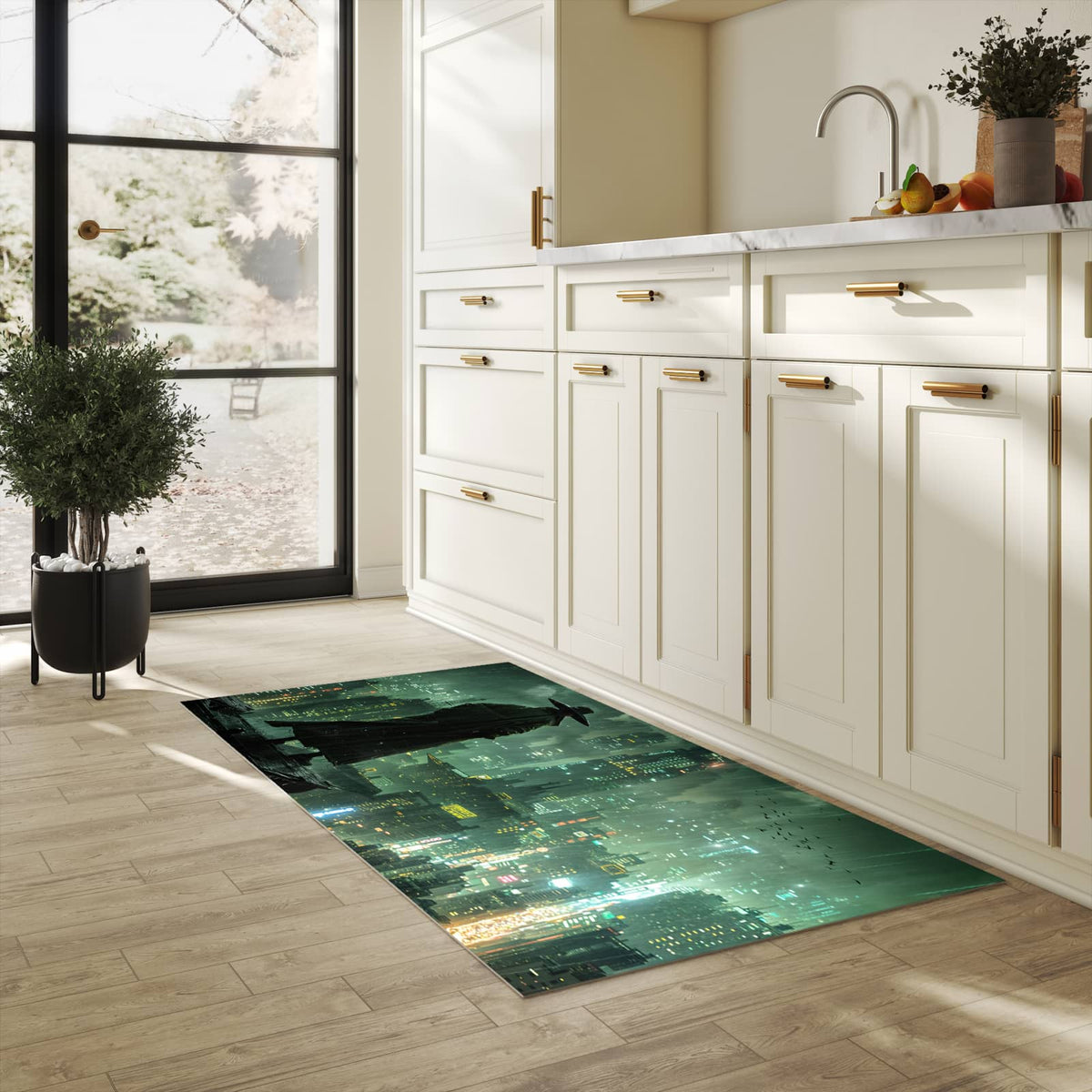Wasserabweisender Teppichläufer mit Motiv Stadt in Regen in heller Küche