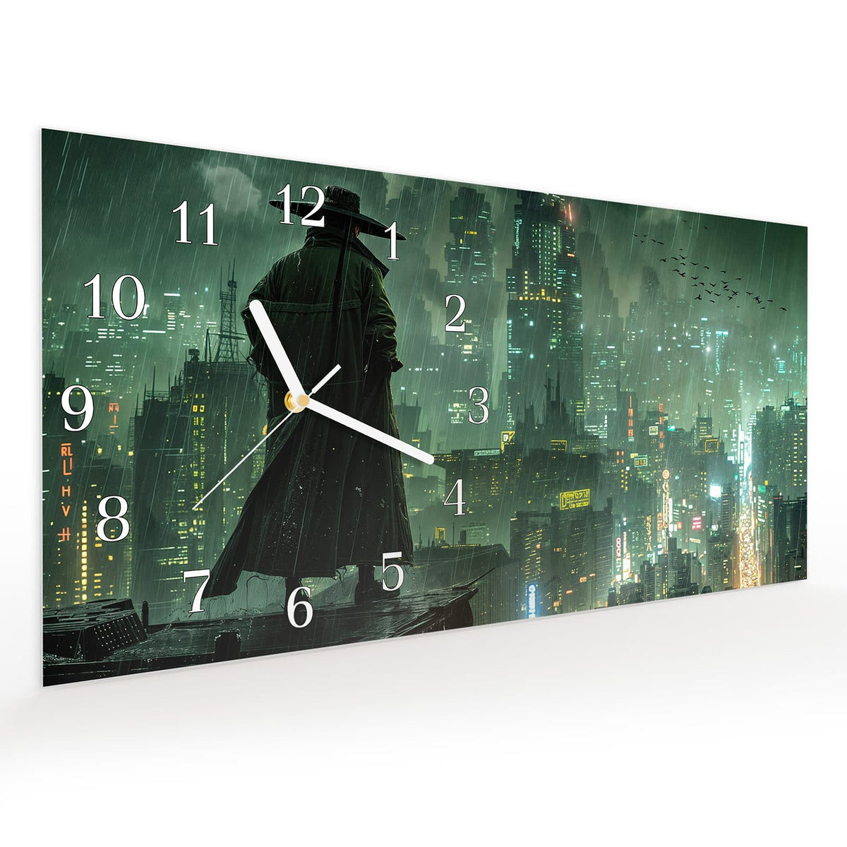 Vormontiert – mit Schwebeeffekt – Wanduhr Stadt in Regen aus Glas – Querformat 60 × 30 cm