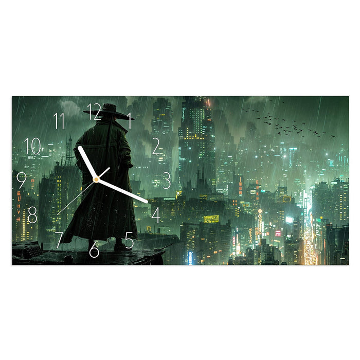 Wanduhr Stadt in Regen aus Glas – Querformat 60 × 30 cm mit Ziffernblatt Elegant