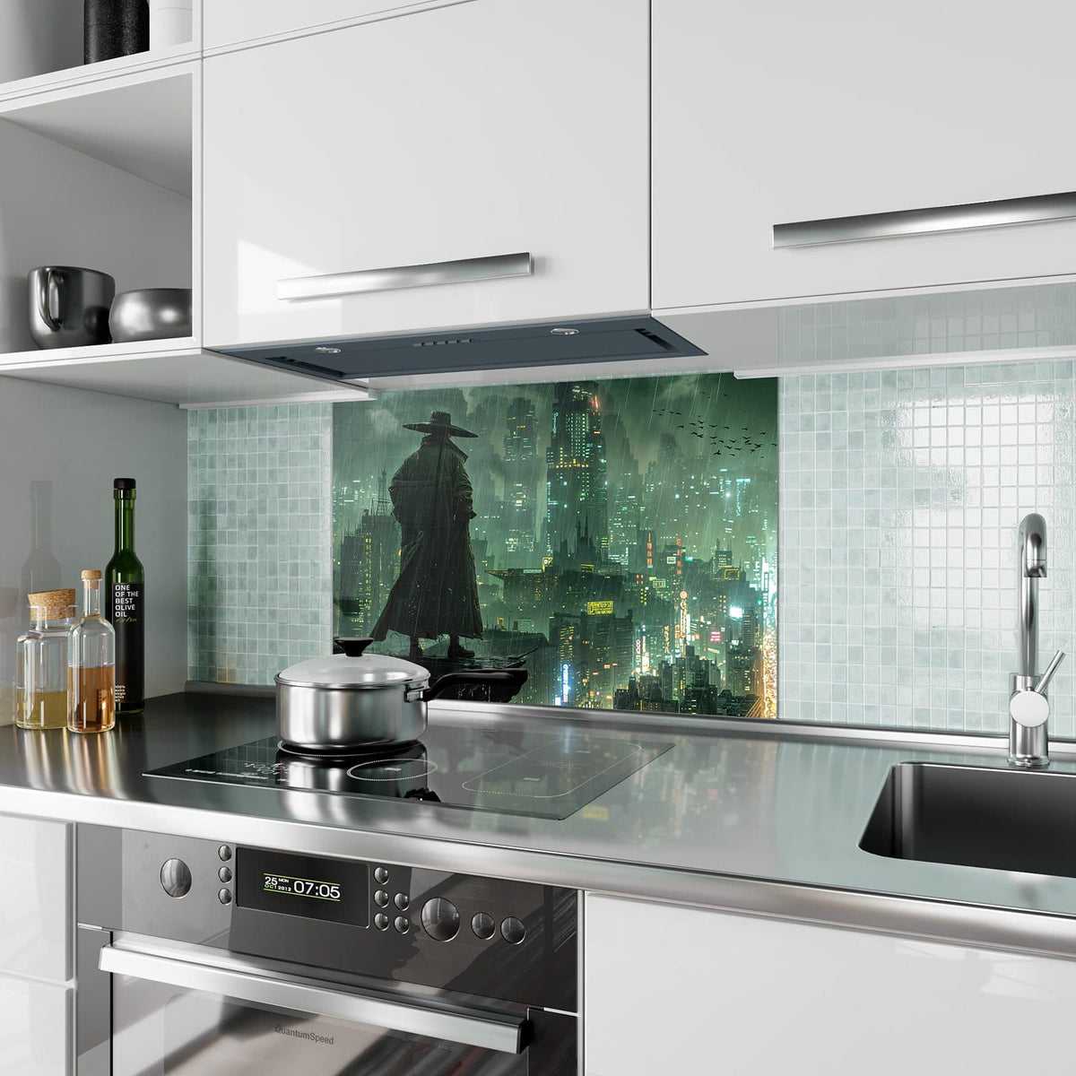 Küchenrückwand aus Glas Mann auf der Dachkante im Hochformat als Spritzschutz hinter dem Kochfeld, über dem Fliesenspiegel montiert