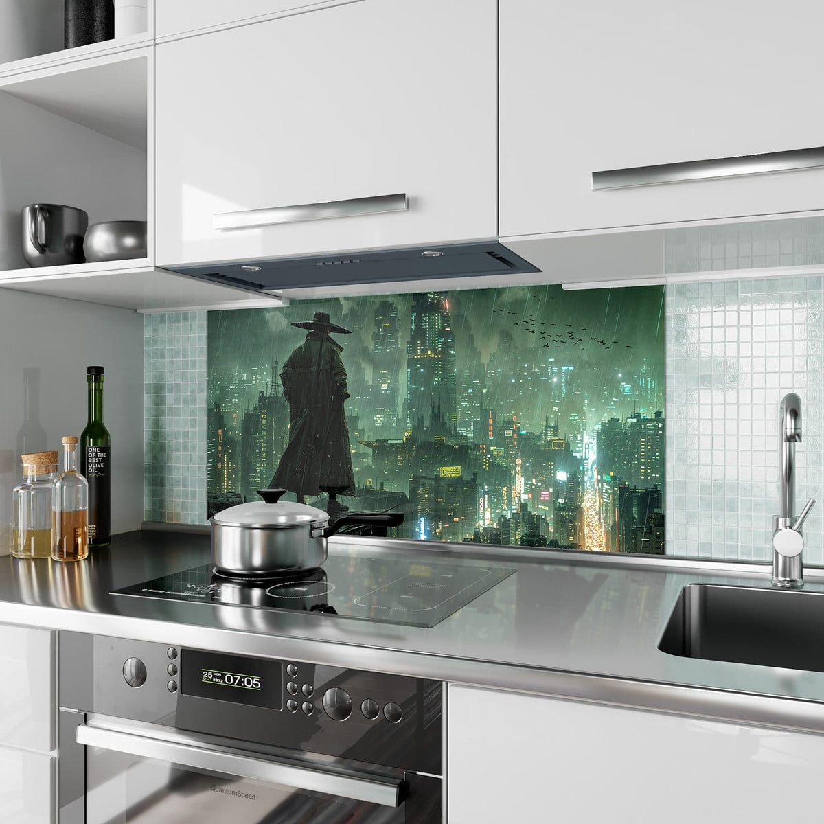 Küchenrückwand aus Glas Mann auf der Dachkante im Hochformat als Spritzschutz hinter dem Kochfeld, über dem Fliesenspiegel montiert