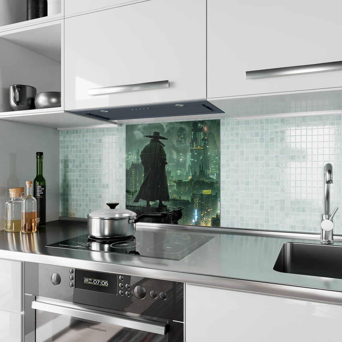 Küchenrückwand Mann auf der Dachkante aus Glas – Mann mit Hut über Neonstadt